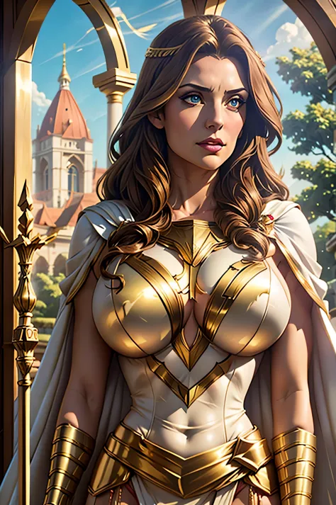 Masterpiece, detailed eyes, large breasts, long brown hair, boob window, white outfit, white cape, gold accessories, gold leaf l...