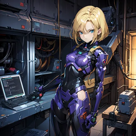 1girl, android18, mecha musume , fortified suit, bodysuit, headgear, empty eyes, sciences fiction, expressionless 