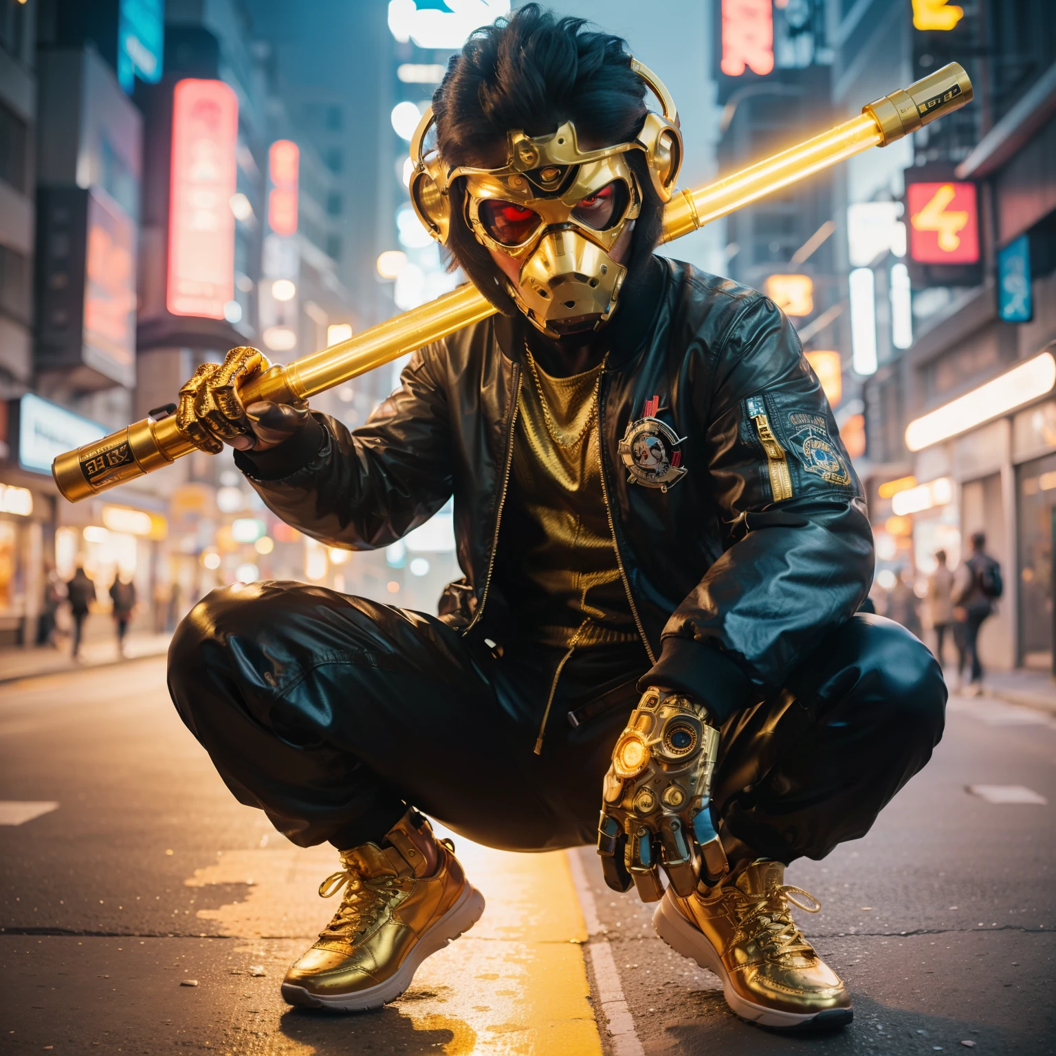 alta definição, 32 mil, obra de arte, Cena cinematográfica, Relâmpago Cinematográfico, Personagem Ciborgue Futurista Hiper Realista do breakdance do Macaco Humano com sua equipe futurista de néon dourado, usar bandana dourada, jaqueta bomber preta, Calça Buggy, na cidade futurista de néon