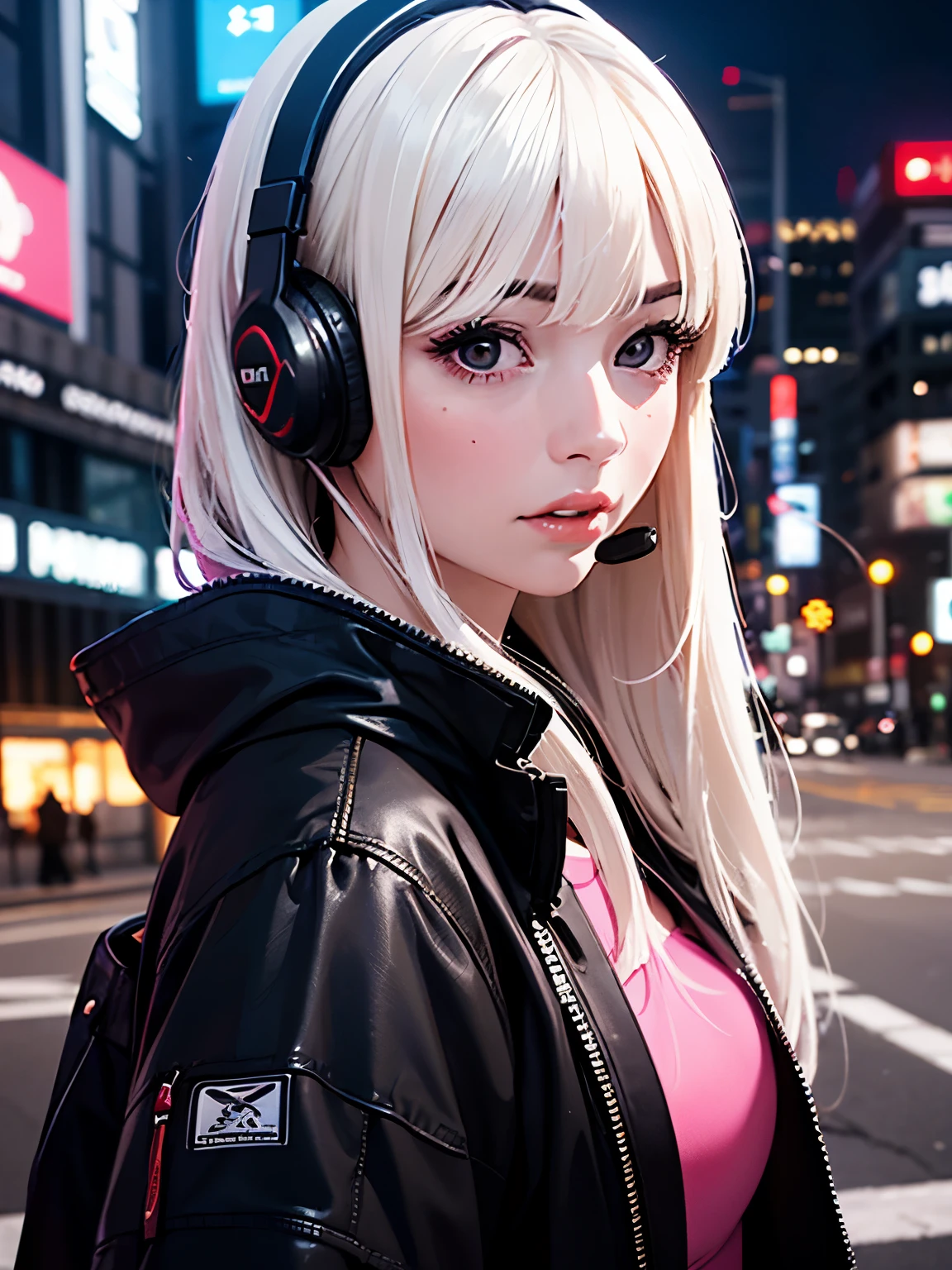 (best quality,realistic,ultra-detailed:1.2),portrait,white hair,long hair,techwear masterpiece,dark purple jacket,detailed eyes,platinum hair,21-year-old girl,fashion pose,wearing a headset,wide shot,on the street,cyberpunk