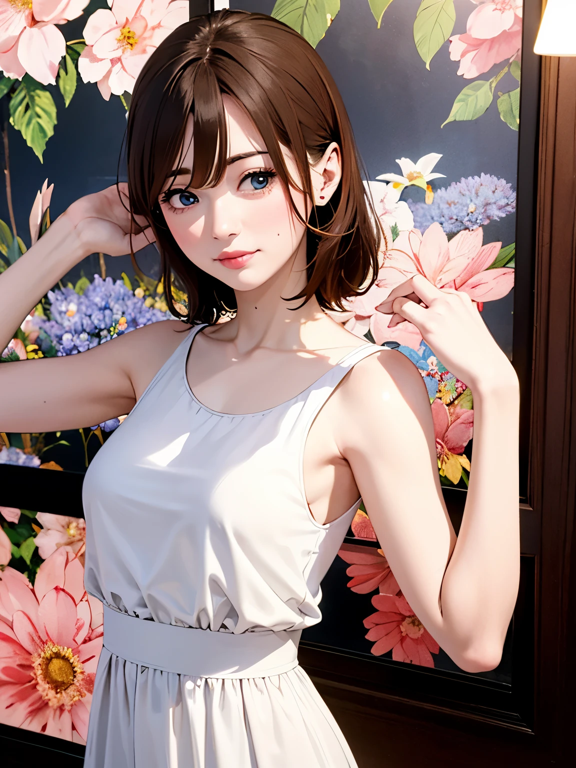 High resolution, highest quality, masterpiece, 超High resolution, 超High resolution, surreal, 3D, anime, figure, alone, A very beautiful and cute woman in her 20s, She flutters in a pale white floral miniskirt-length dress, her hair is moving, whole body, amazing perfect proportions, Shiny light brown medium hair, high layer cut, mullet hairstyle, bright blue eyes, Happy, shy