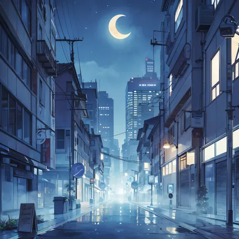 (masterpiece:1.2, best quality), (intricate details, depth of field), foggy city street, crescent moon