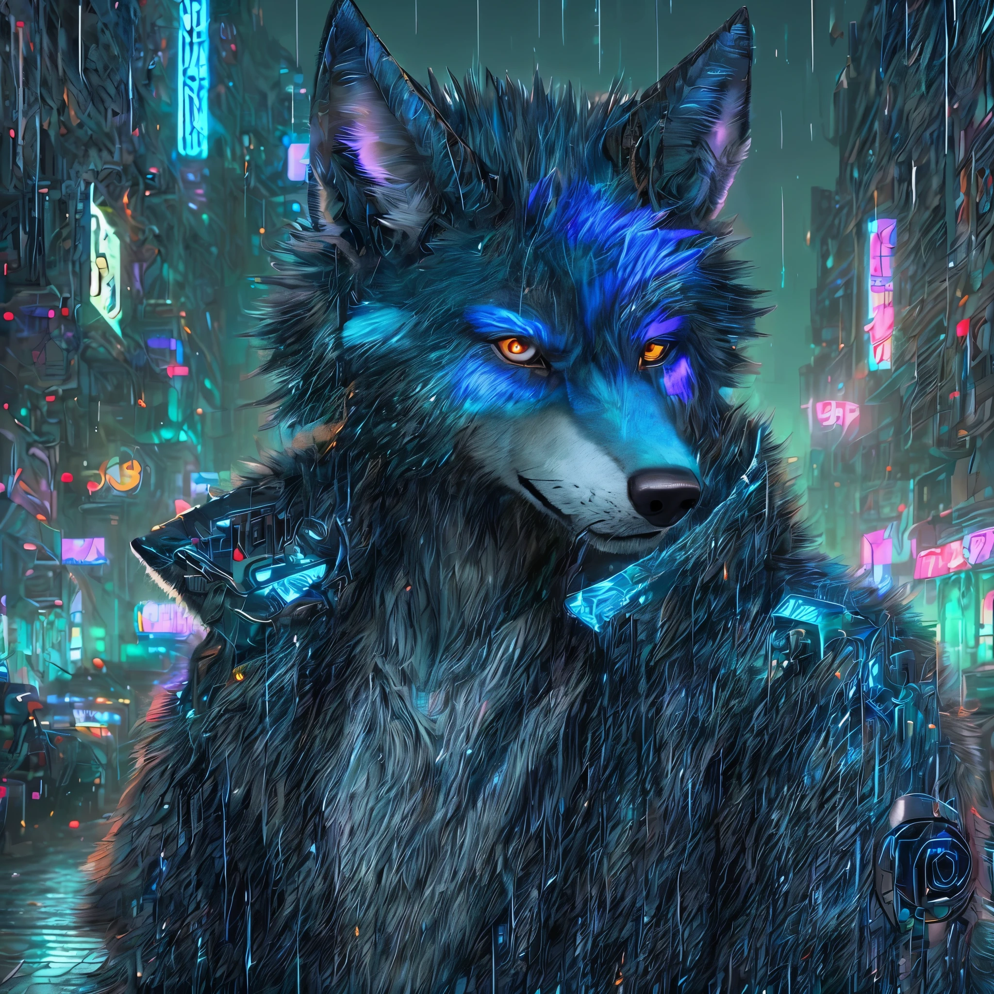 hermoso y premiado retrato de un antro peludo masculino Fursona de lobo azul con cola y una linda y atractiva cara peluda vestida con elegante ropa ciberpunk negra en una ciudad ciberpunk por la noche mientras llueve.