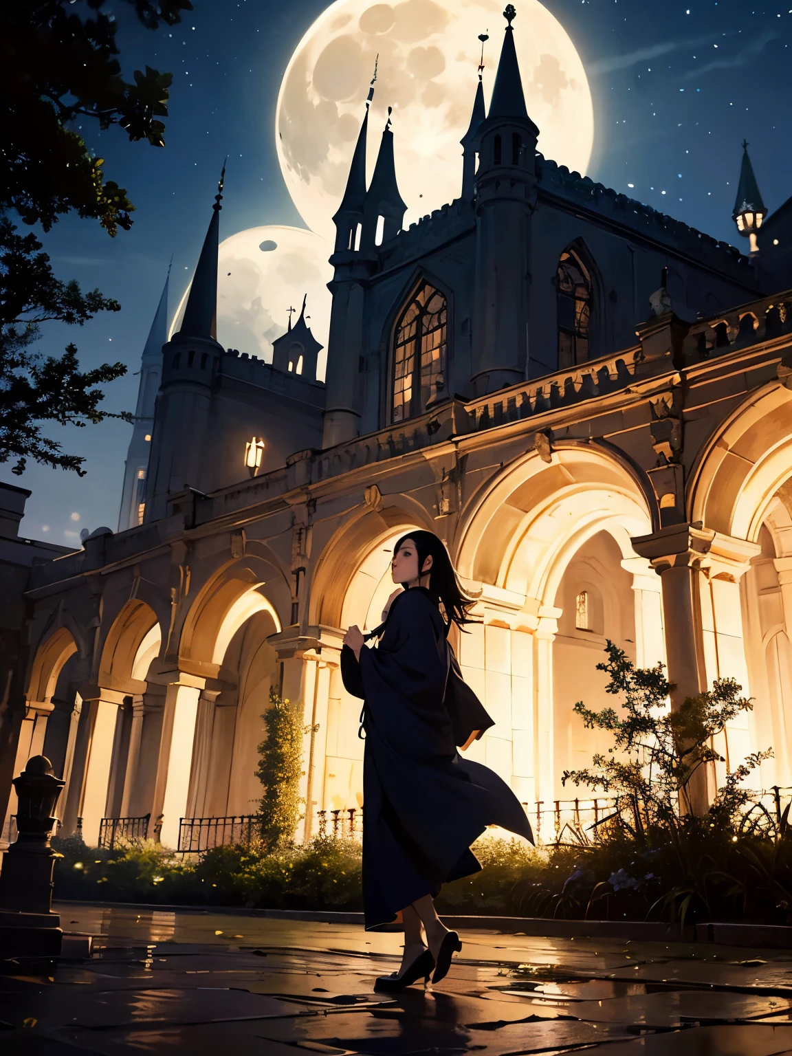 (A girl with black hair walks in the courtyard of a castle on a full moon night), (best quality, 4k, highres, masterpiece:1.2), ultra-detailed, (realistic, photorealistic:1.37), HDR, (crimson, deep blue) color palette, (soft, gentle) lighting, (oil painting, dreamlike) medium, detailed moonlight reflections on the cobblestone ground, intricate architectural details of the castle walls, (flowing, ethereal) gown swaying in the breeze, (mysterious, enchanting) atmosphere, (subtle, delicate) shadows cast by the moon, (whispering, rustling) leaves of ancient trees, (silhouetted, towering) spires reaching towards the night sky, sparkling stars illuminating the scene, muted sounds of the night punctuated by occasional hoots of an owl.