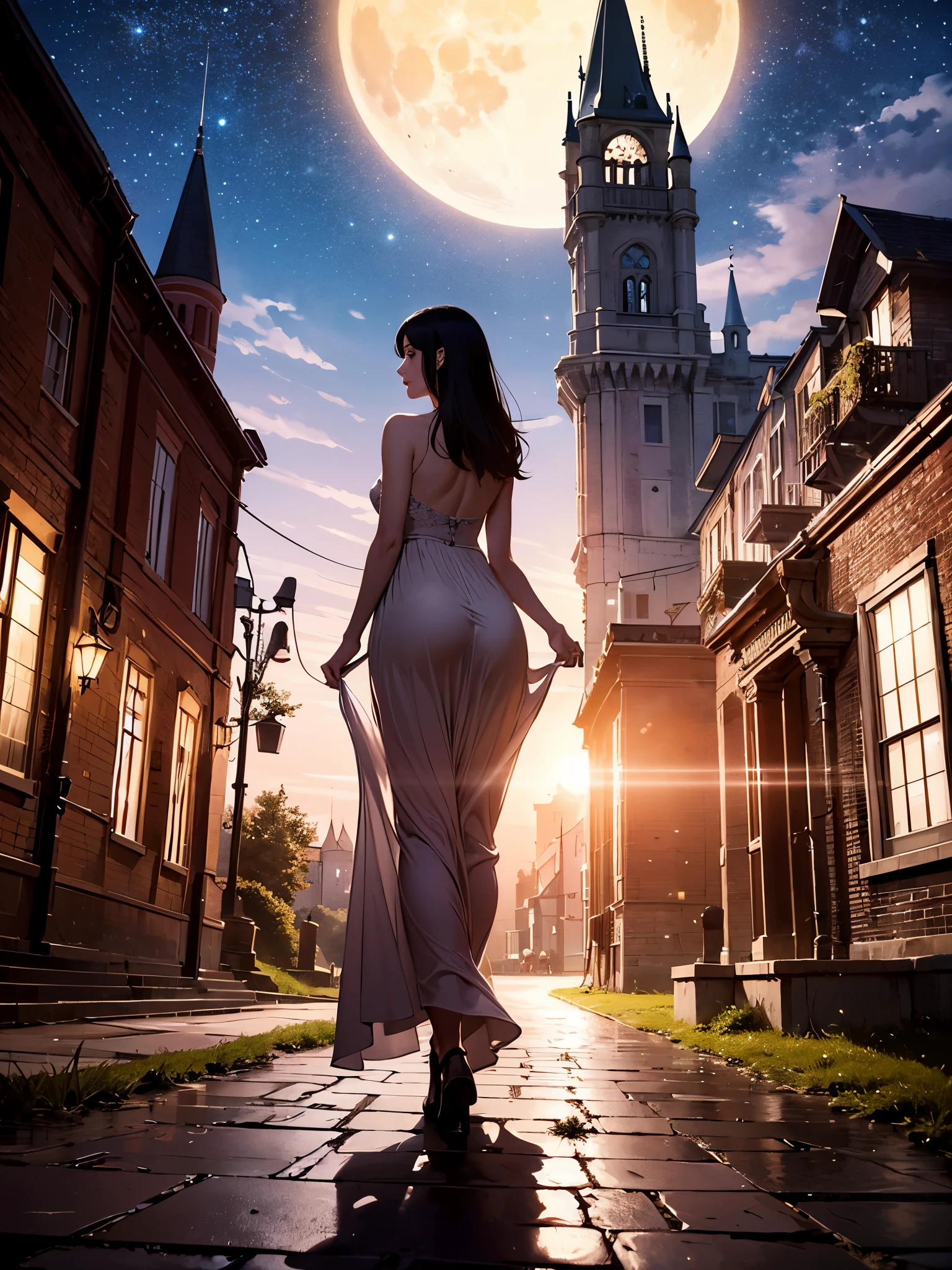 (A girl with black hair walks in the courtyard of a castle on a full moon night), (best quality, 4k, highres, masterpiece:1.2), ultra-detailed, (realistic, photorealistic:1.37), HDR, (crimson, deep blue) color palette, (soft, gentle) lighting, (oil painting, dreamlike) medium, detailed moonlight reflections on the cobblestone ground, intricate architectural details of the castle walls, (flowing, ethereal) gown swaying in the breeze, (mysterious, enchanting) atmosphere, (subtle, delicate) shadows cast by the moon, (whispering, rustling) leaves of ancient trees, (silhouetted, towering) spires reaching towards the night sky, sparkling stars illuminating the scene, muted sounds of the night punctuated by occasional hoots of an owl.