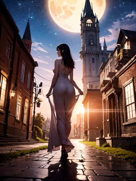 (A girl with black hair walks in the courtyard of a castle on a full moon night), (best quality, 4k, highres, masterpiece:1.2), ...