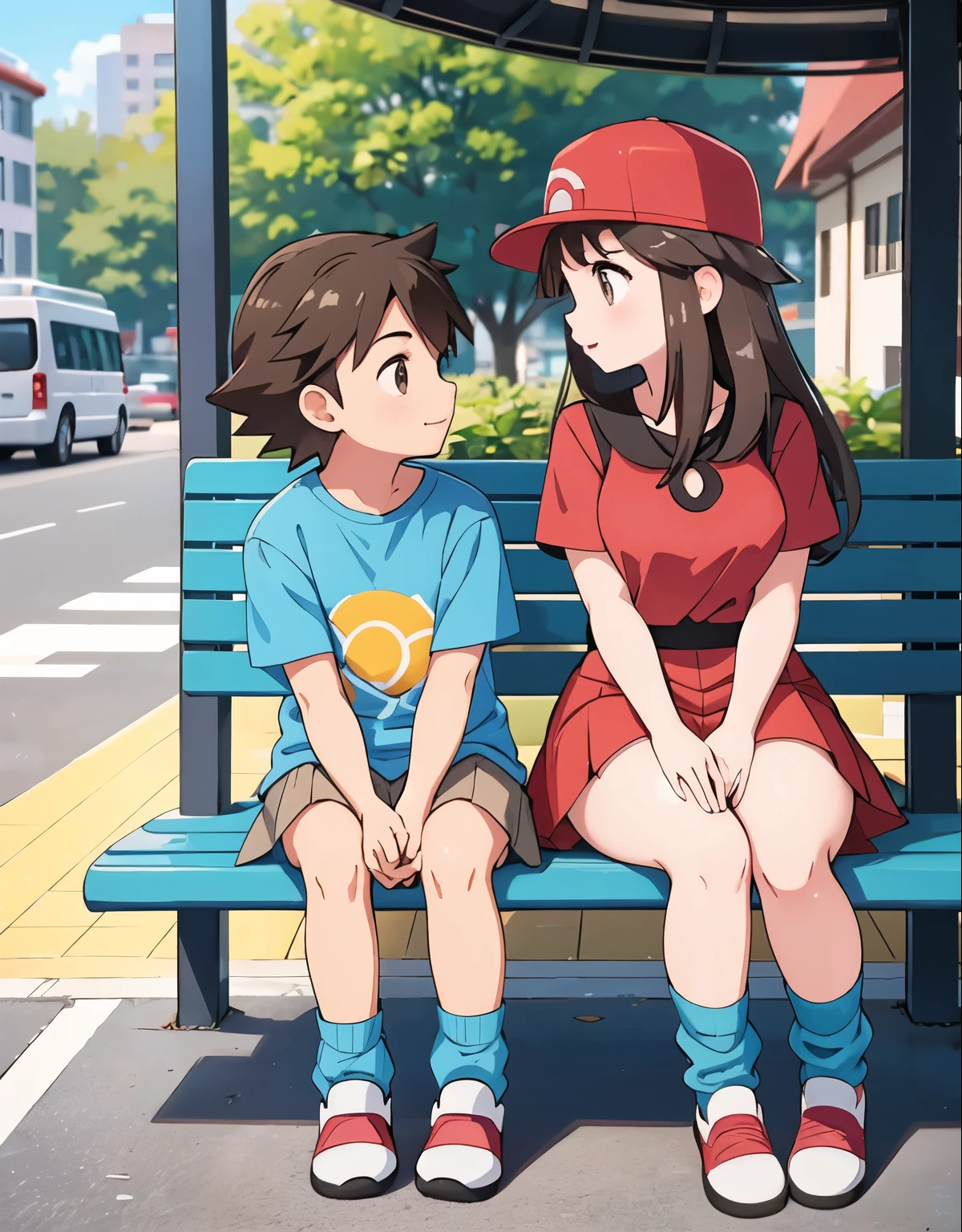 Leaf pokemon sitting at the bus stop with her boyfriend, he is wearing a red skirt, blue shirt, brown eyes, loose socks, white footwear, upskirt, body shape, chubby thighs and and the boy is wearing a red pokemon trainer outfit, he touching her legs, both talking and having a good time. illustration, vibrant colors, detailed eyes, detailed lips, street scene, urban environment, sunlight, happy atmosphere, casual clothing, summer vibes, young couple, relaxed posture, animated conversation, love and affection, public transportation, modern setting, city life, surrounding buildings, trees, bustling crowd, contemporary art style, warm tones. (best quality, highres, vivid colors, ultra-detailed, realistic:1.37), street photography, natural lighting.