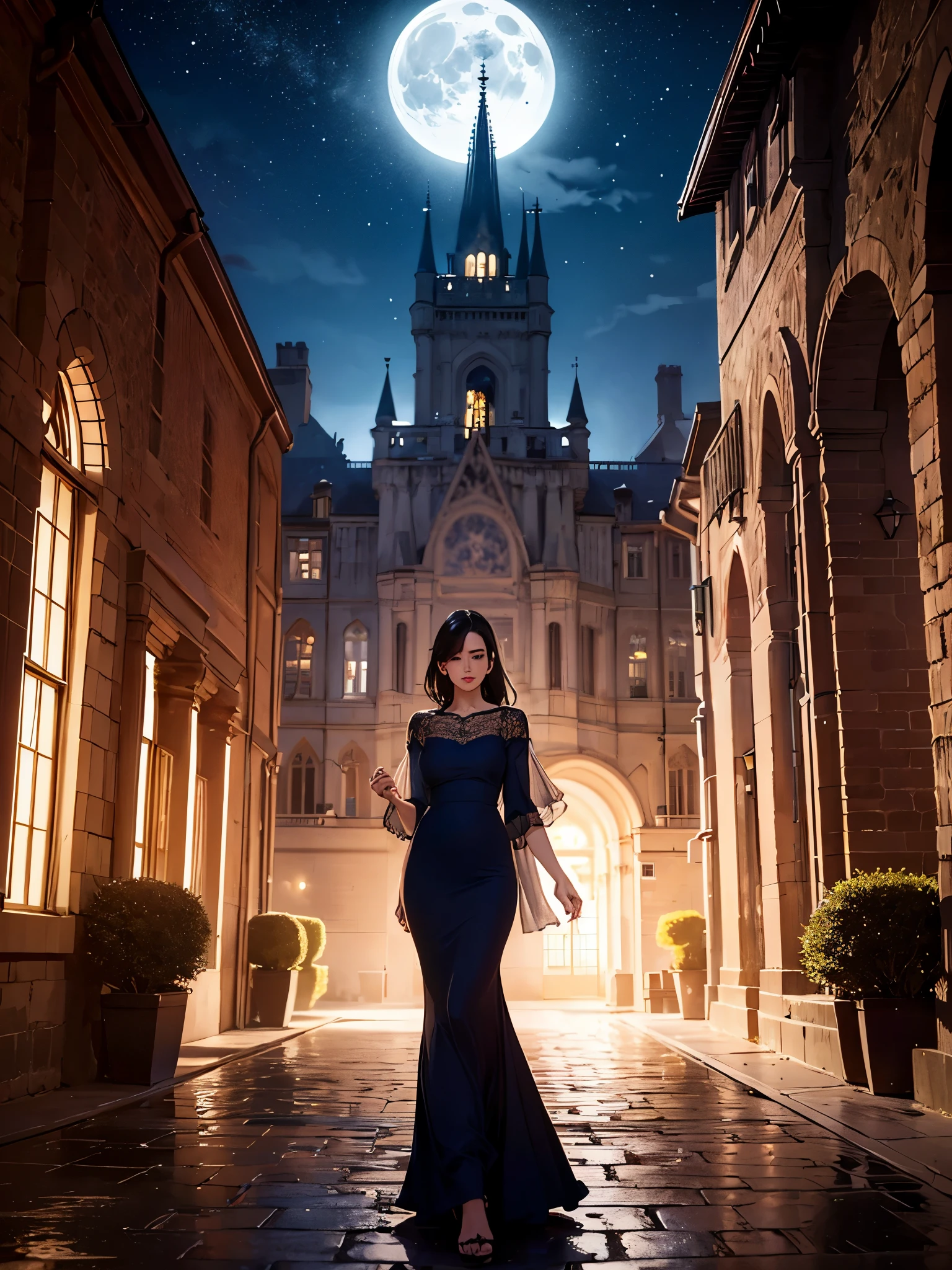 (A girl with black hair walks in the courtyard of a castle on a full moon night), (best quality, 4k, highres, masterpiece:1.2), ultra-detailed, (realistic, photorealistic:1.37), HDR, (crimson, deep blue) color palette, (soft, gentle) lighting, (oil painting, dreamlike) medium, detailed moonlight reflections on the cobblestone ground, intricate architectural details of the castle walls, (flowing, ethereal) gown swaying in the breeze, (mysterious, enchanting) atmosphere, (subtle, delicate) shadows cast by the moon, (whispering, rustling) leaves of ancient trees, (silhouetted, towering) spires reaching towards the night sky, sparkling stars illuminating the scene, muted sounds of the night punctuated by occasional hoots of an owl.