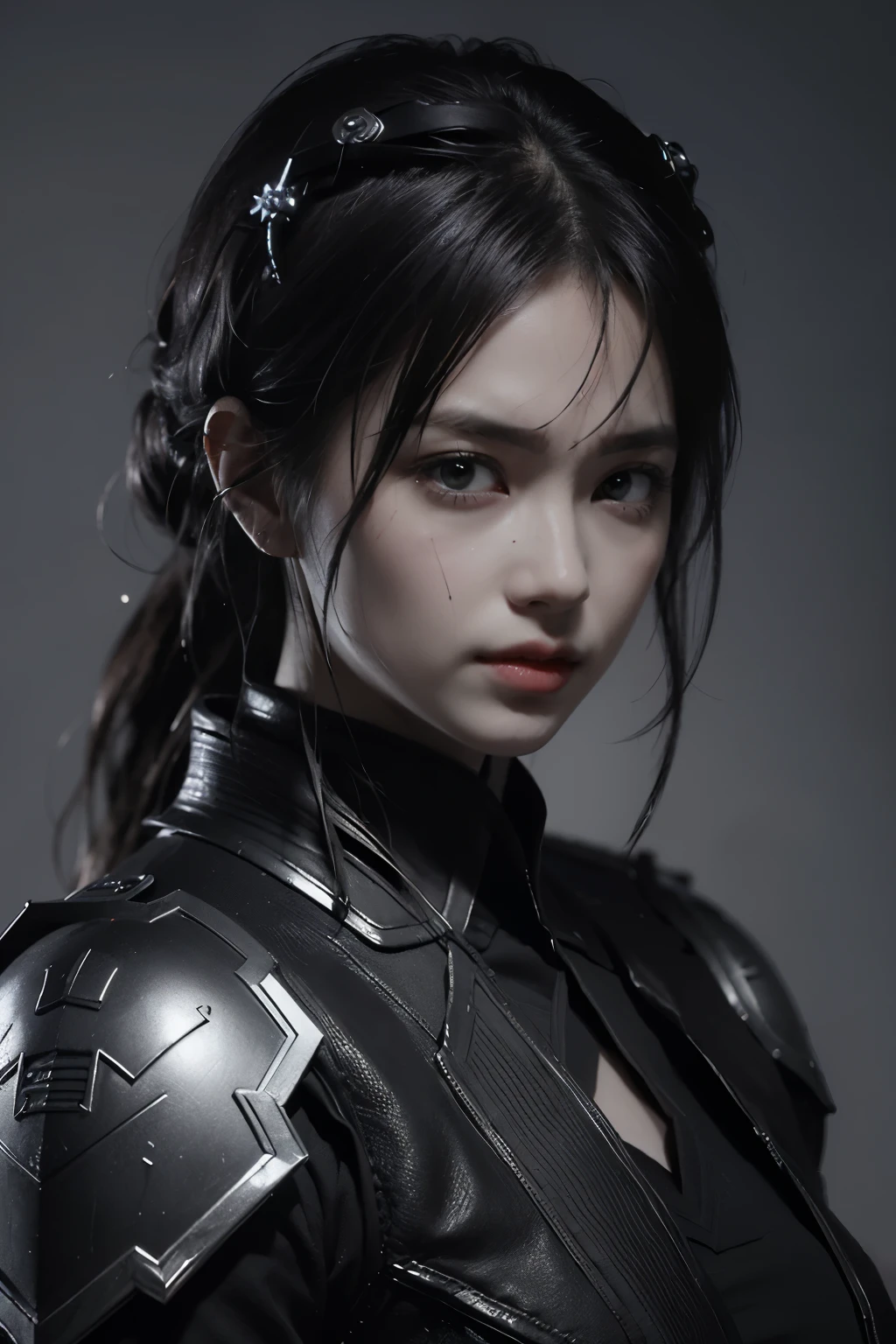 Game art，The best picture quality，Highest resolution，8K，(A bust photograph)，(Portrait:1.5)，(Head close-up)，(Rule of thirds)，Unreal Engine 5 rendering works， (The Girl of the Future)，(Female Warrior)， 
20岁少女，An eye rich in detail，(Big breasts)，优雅高贵，冷漠，勇敢的，
(Future style combat suit combining the characteristics of ancient armor，Ancient runes of light，Combat accessories with rich details，Metallic luster)，Future police，赛博朋克人物，

拍照姿势，简单背景，Movie lights，Ray tracing，Game CG，((3D Unreal Engine))，oc渲染反射纹