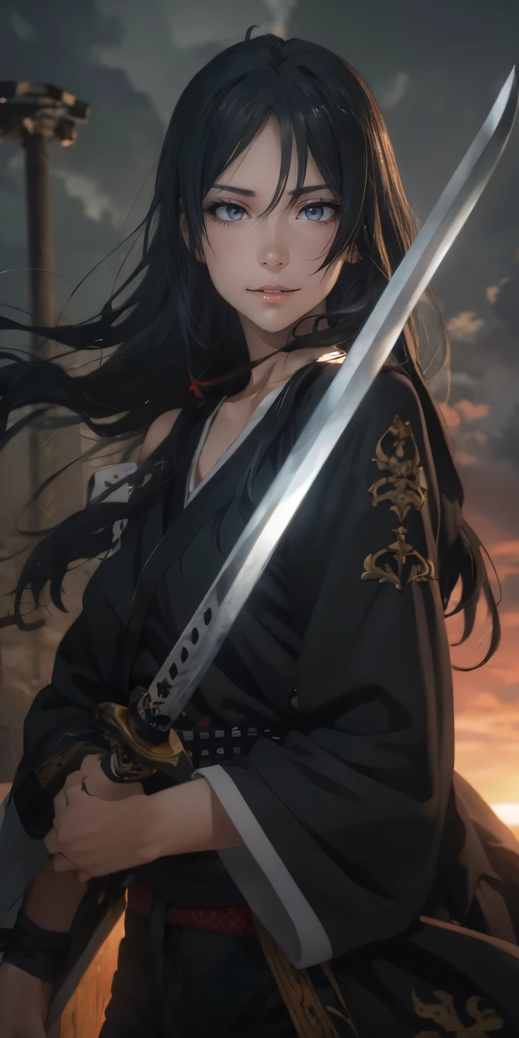 yukinoshita yukino, (long hair, black hair:1.5), grey eyes, sweating, glowing eyes, heavy breathing, female focus, sword, holding, solo, wide_sleeves, 1girl, black_hair, holding_sword, bare_shoulders, detached_sleeves, looking_at_viewer, long_sleeves, standing, breasts, floating_hair, sunset, katana, cowboy_shot, cloud, midriff, medium_breasts, looking_back, back, "glow effects, godrays, Hand drawn, render, 8k, octane render, cinema 4d, blender, dark, atmospheric 4k ultra detailed, cinematic, Sharp focus, big depth of field, Masterpiece, colors, 3d octane render, 4k, concept art, trending on artstation, hyperrealistic, Vivid colors, extremely detailed CG unity 8k wallpaper, trending on CGSociety, Intricate, High Detail, dramatic", anime coloring, anime screencap, sweating, steaming body, fog