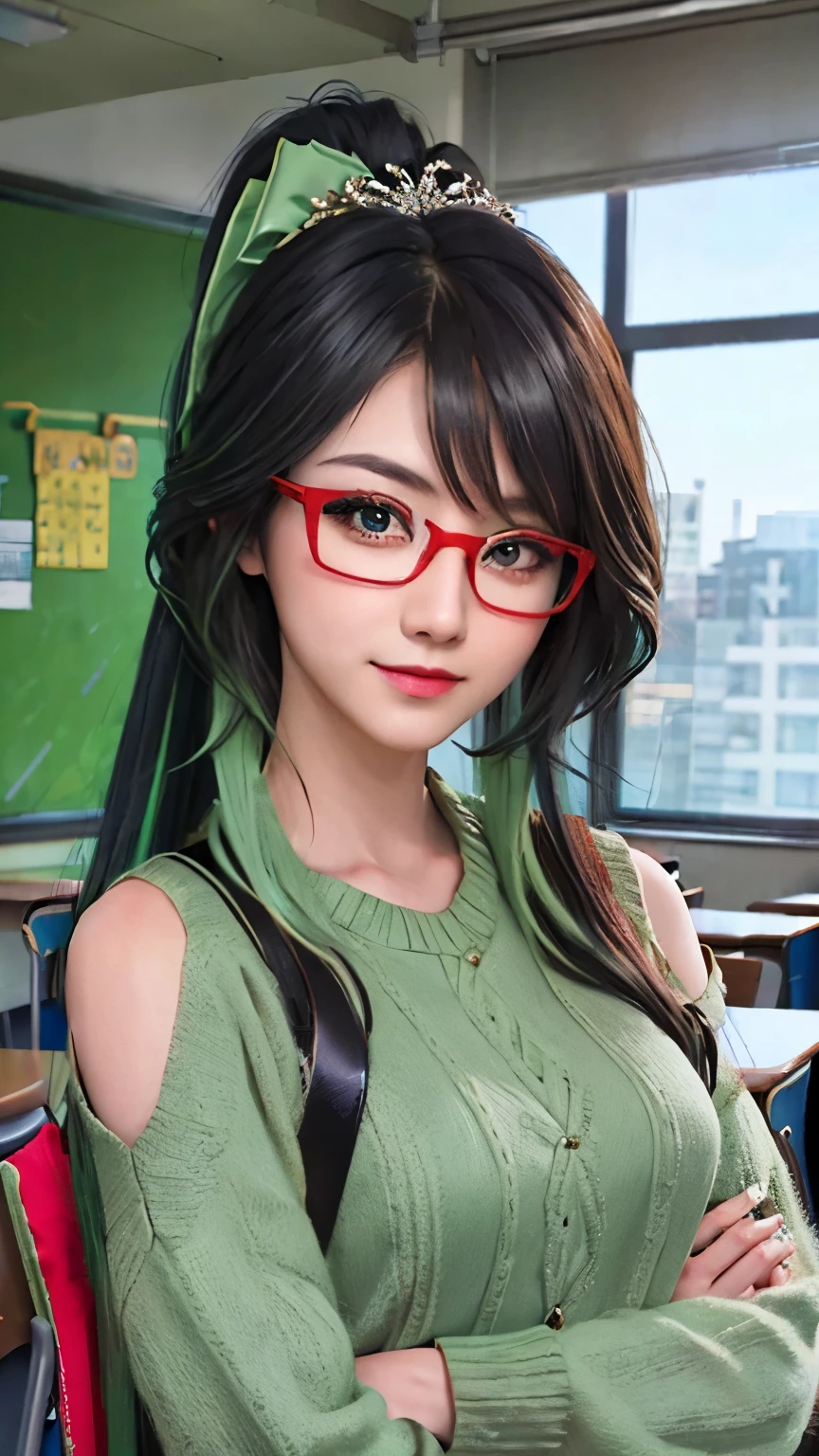 ((1 girl in)), ((best quality)), (Super detailed), (Extremely detailed CG unified 8k wallpaper), Very detailed, HD original color photos, Professional photography, Long ponytail hairstyle，Black hair and green hair, Good-looking hair accessories, Eye color is light green,Wearing red glasses，half rim glasses，amazing face and eyes, (very beautiful girl), School, classroom, Off the shoulders,smile