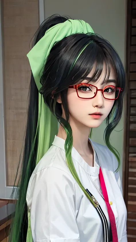 female classmate，single eyelid，14 years old，height 168 cm，long ponytail hairstyle，black hair and green hair, good-looking hair a...