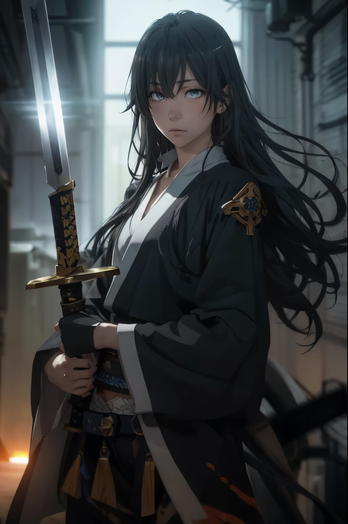 yukinoshita yukino, (long hair, black hair:1.5), grey eyes, sweating, glowing eyes, heavy breathing, female focus, sword, holding, solo, wide_sleeves, 1girl, black_hair, holding_sword, bare_shoulders, detached_sleeves, looking_at_viewer, long_sleeves, standing, breasts, floating_hair, sunset, katana, cowboy_shot, cloud, midriff, medium_breasts, looking_back, back, "glow effects, godrays, Hand drawn, render, 8k, octane render, cinema 4d, blender, dark, atmospheric 4k ultra detailed, cinematic, Sharp focus, big depth of field, Masterpiece, colors, 3d octane render, 4k, concept art, trending on artstation, hyperrealistic, Vivid colors, extremely detailed CG unity 8k wallpaper, trending on CGSociety, Intricate, High Detail, dramatic", anime coloring, anime screencap, sweating, steaming body, fog