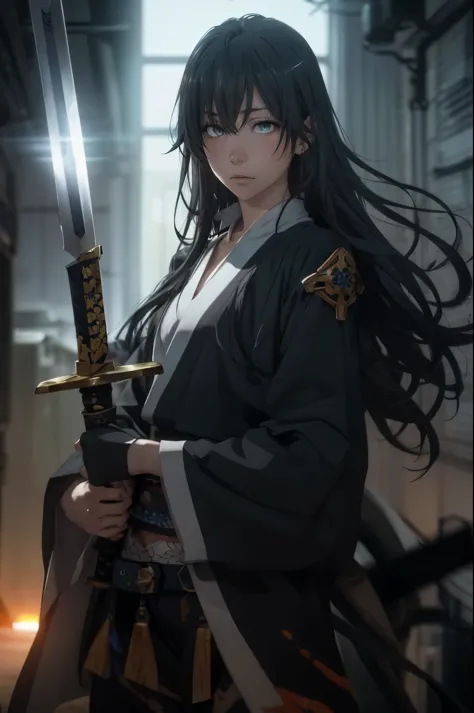 yukinoshita yukino, (long hair, black hair:1.5), grey eyes, sweating, glowing eyes, heavy breathing, female focus, sword, holdin...