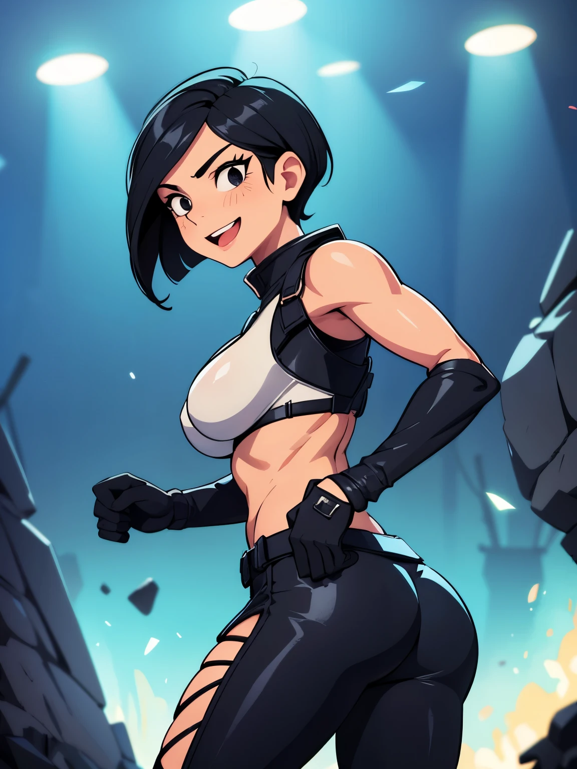 obra de arte, melhor qualidade, iluminação suave e quente, 1girls, ass, ass focus, beauty mark, black eyes, black hair, butt focus, clothed, clothing, costume, female, female focus, female only, gloves, hero, outfit (mha), lips, looking at viewer, muscular, muscular female, open mouth, open smile, smile, solo, solo female, solo focus superhero superheroine