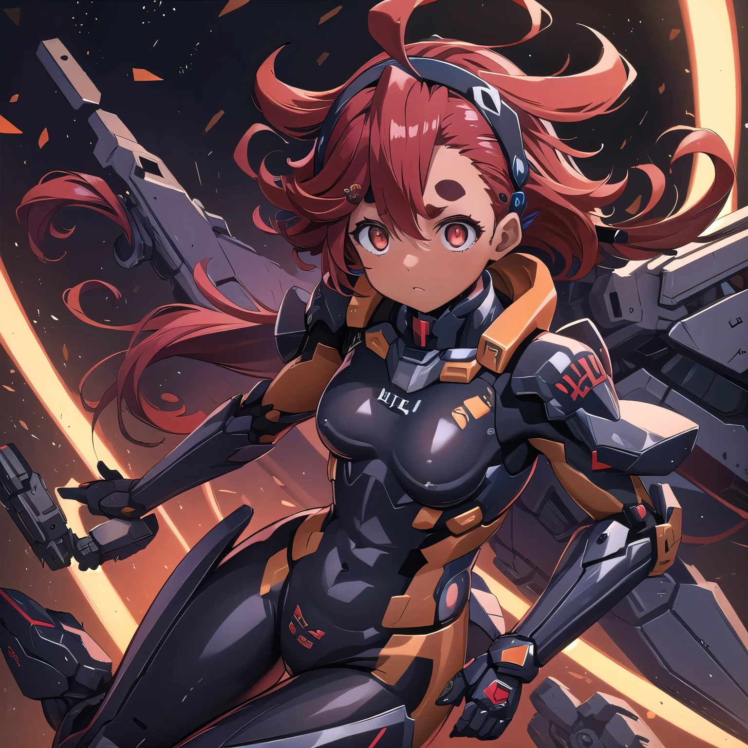 1girl, sulleta mercury, ahoge, black hairband, dark skin, dark-skinned female, hairband, long hair, low ponytail, red hair, swept bangs, thick eyebrows, nude, mecha musume,  bodysuit, empty eyes