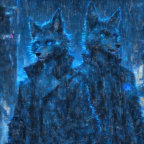 They dress up as two furry animals, award winning beautiful portrait commission of a male furry anthro Blue wolf fursona with a tail and a cute beautiful attractive 详细的 furry face wearing stylish black cyberpunk clothes in a cyberpunk city at night while i...