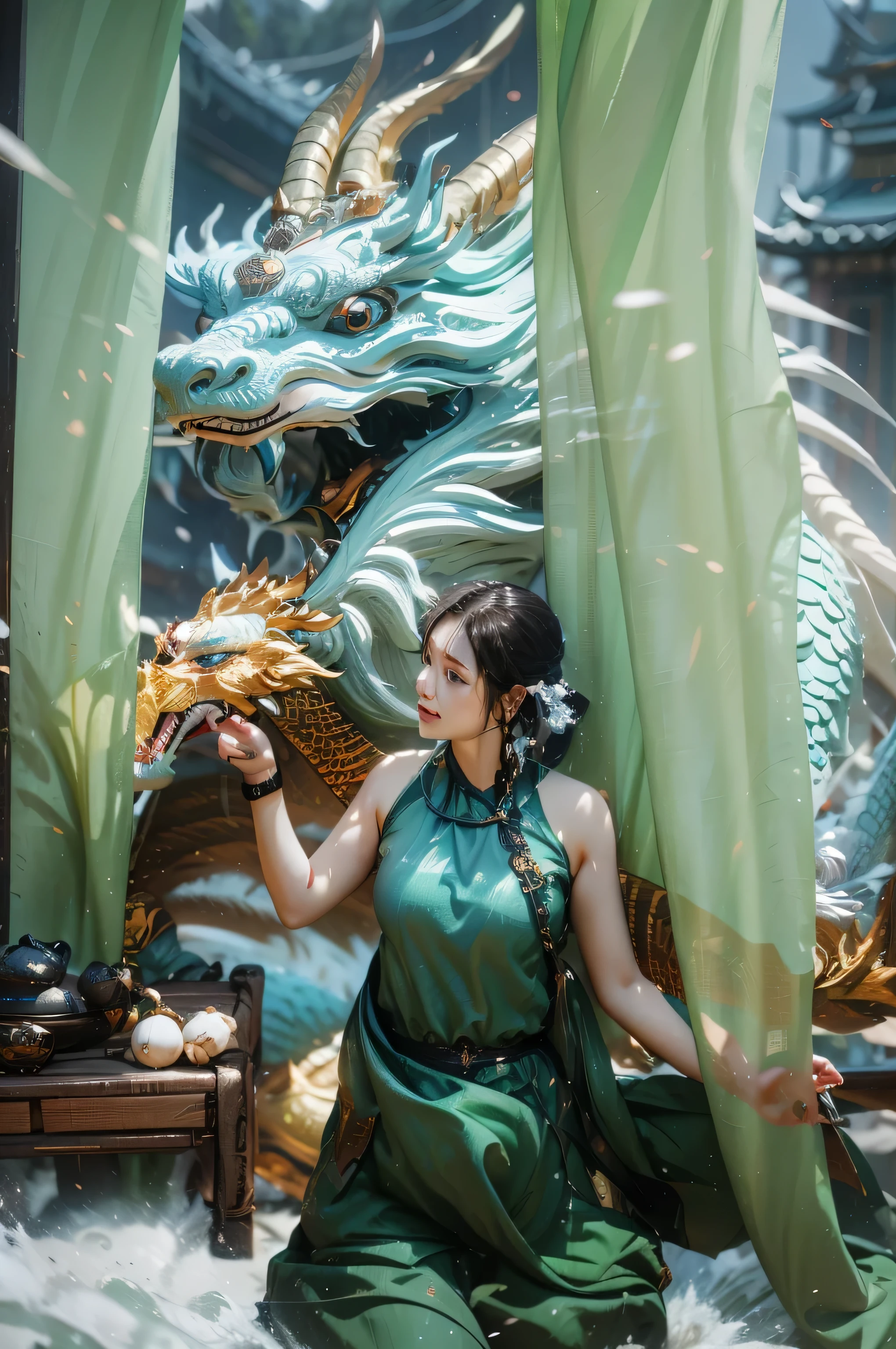 A girl, （focuses on the girl：1.5）,(Wearing an aqua-blue cheongsam),((full-size photograph)),Perfect facial features, Happy expression，a dragon behind her,Dragon,((Depth of field))， (sword dance action: 1.4), (water splash effect: 1.2), in a panoramic view, water，yushuishu，（（Best quality））, 16k, rendering by octane, movie level special effects, Landscape background, fierce battle scenes, Realistic，