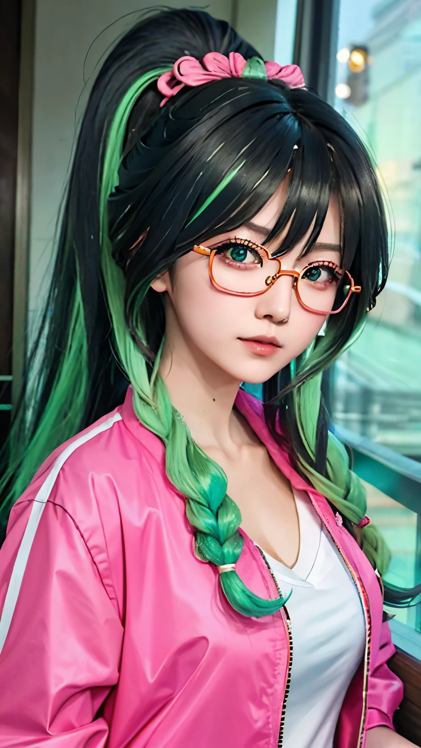 Close-up of a woman wearing a pink and gray jacket, inspired by anime, 美麗的anime style, 美丽的anime girl, anime style mixed with Fujifilm, anime girl in real life, colorful braids, cute colorful cute, A beautiful anime portrait, anime style4 K, anime style, anime girl, style anime, 漂亮的anime girl, anime atmosphere, anime style, with beautiful colors，Long ponytail hairstyle，Black hair and green hair, Good-looking hair accessories, Eye color is light green,Wearing red glasses，Fine-rimmed glasses，