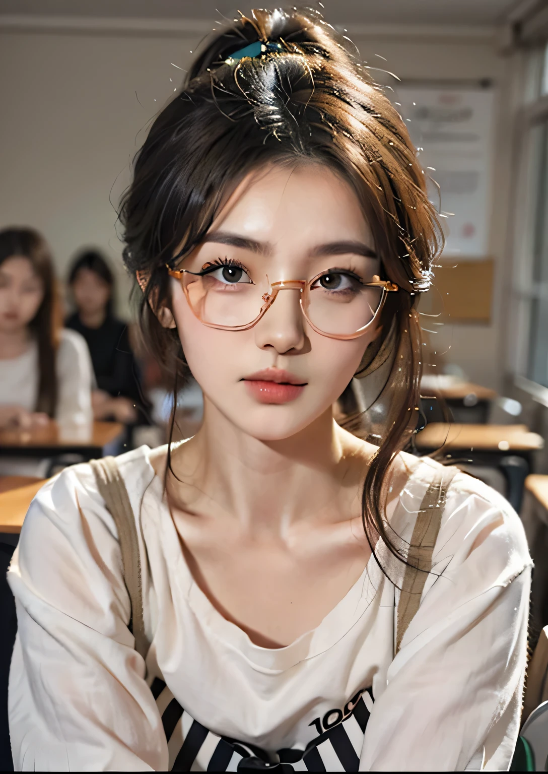 there is a woman wear glasses sitting in a classroom, korean girl, Gurwitz style artwork, Urzan, wear glasses, realistic animation, kawaii realistic portrait, put on glasses, guweiz, Nam Jae Hwa, young cute korean face, Wearing small round glasses, surreal , cute portrait，Long ponytail hairstyle，black hair and green hair, Good-looking hair accessories, Eye color is light green,Wearing red glasses，half rim glasses