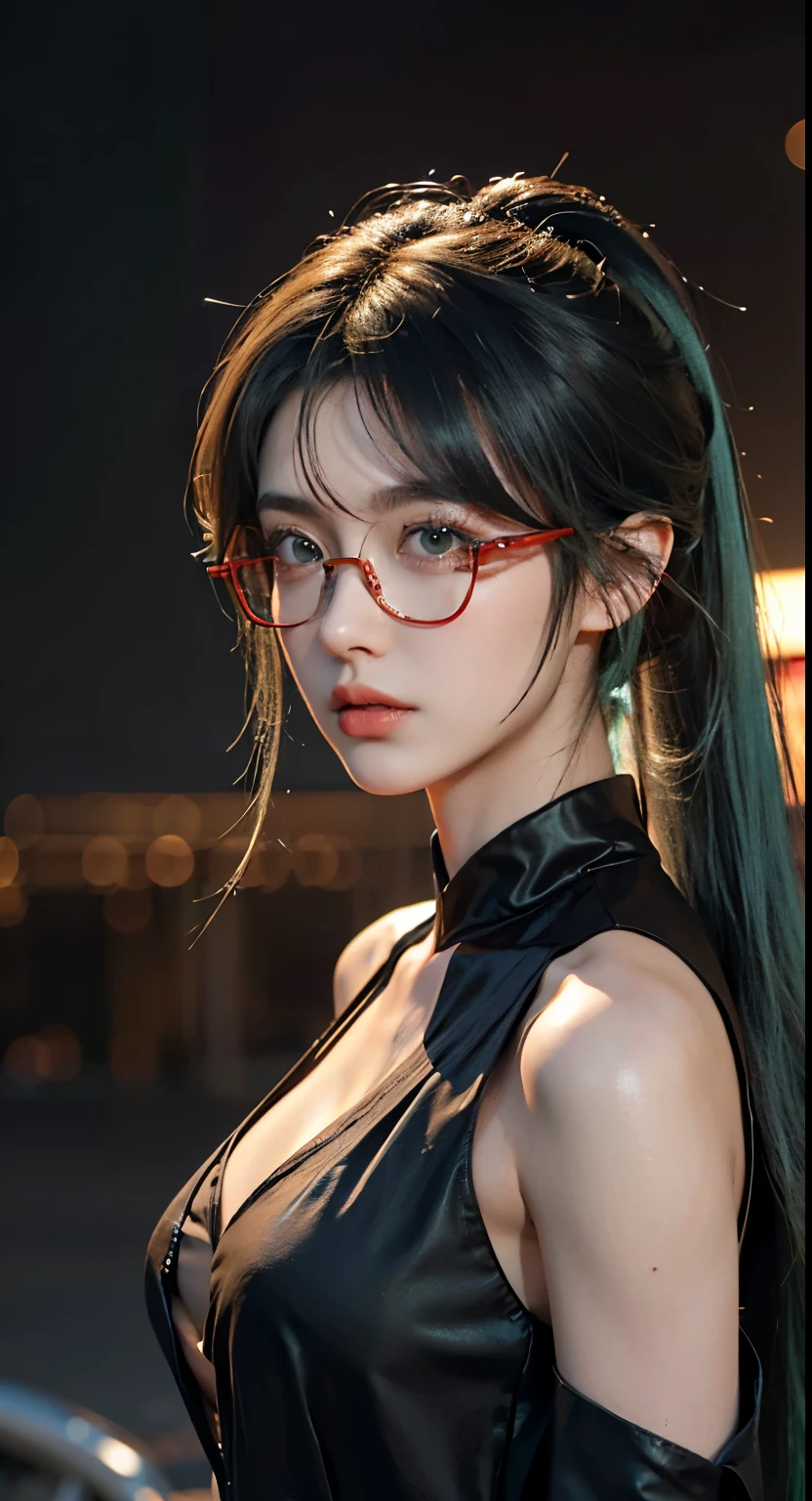 pretty girl，Long black hair and black dress posing for photo, guweiz style artwork, Beautiful anime portrait, Stunning anime face portraits, Realistic girl rendering, Realistic 3D style, Smooth CG art, author：Yang Jie, Realistic art style, 3D realistic, Realistic style, 8k portrait rendering，Long ponytail hairstyle，Black hair and green hair, Good-looking hair accessories, light green eyes，big eyes，,Wearing red glasses，half rim glasses