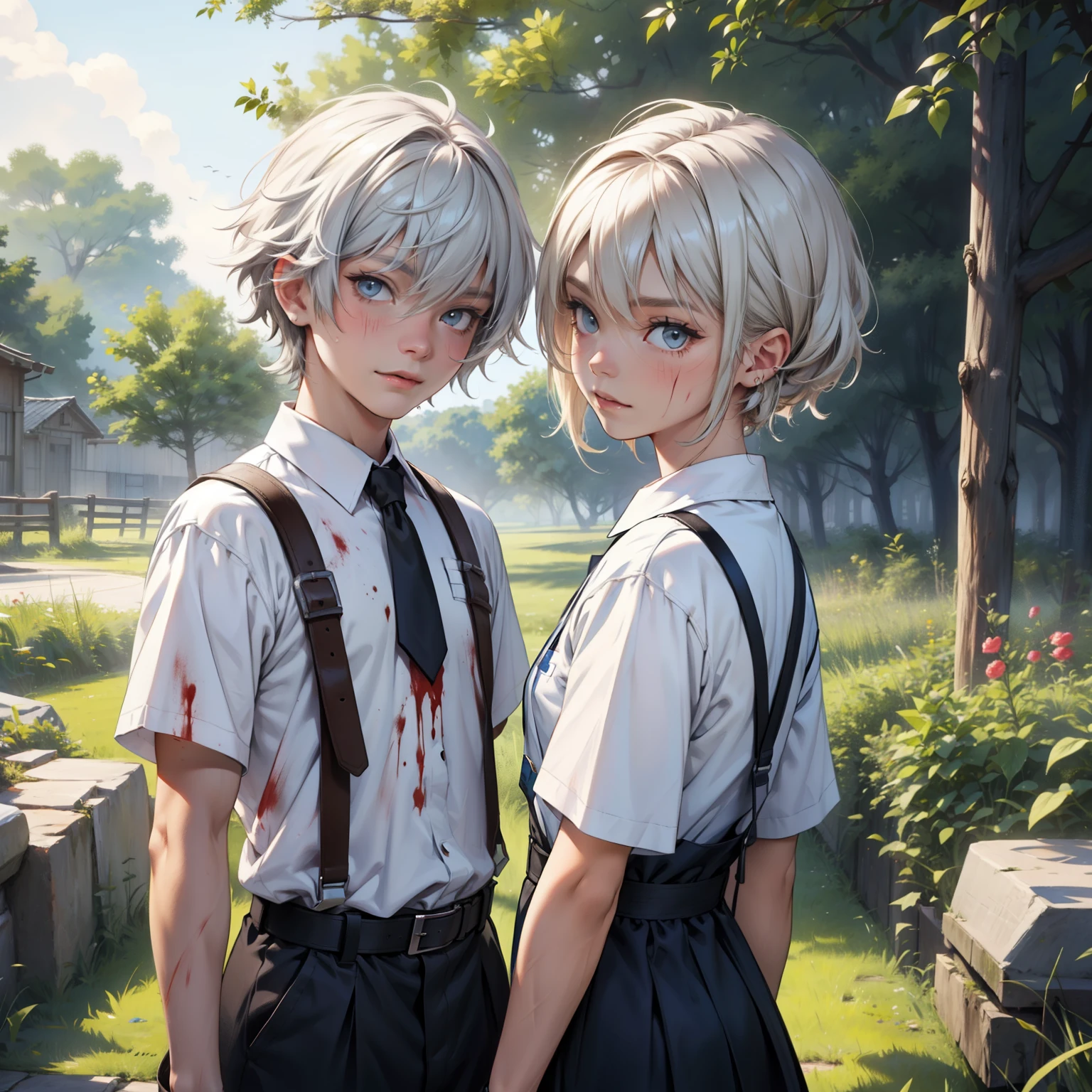 The two 9-year-old twins, boy and girl, have a lot of blood stained on their clothes.