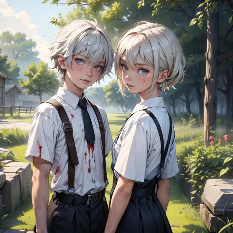 the two 9-year-old twins, boy and girl, have a lot of blood stained on their clothes.