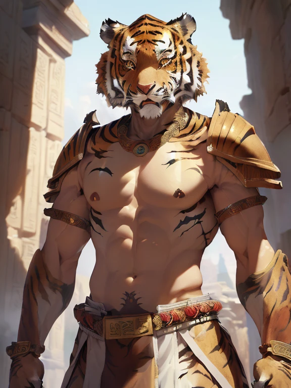 (obra de arte, melhor qualidade, lindo Digital Art: 1.5), (tiro de meio corpo), (Guerreiro Tigre Antropomórfico Antigo Usando Armadura de Guerreiro Antiga: 1.5), Arte oficial, lindo, obra de arte, melhor qualidade, melhor qualidade , Lindamente Estético, realista, luz cinematográfica, Altamente detalhado,