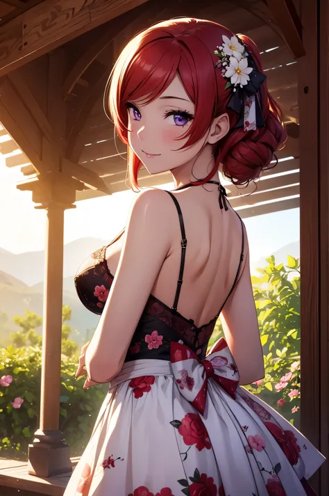 (masterpiece, best quality, high quality),nishikino maki, red hair, purple eyes, (from side),moist skin,volumetric lighting, ill...