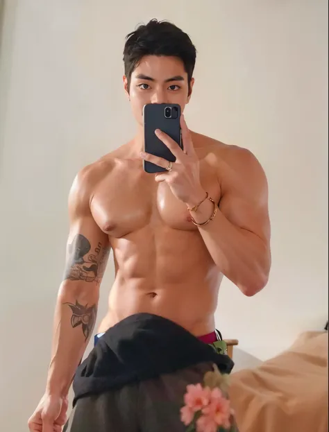 there is a man taking a picture of himself in the mirror, menino musculoso coreano de 2 a 1 anos, asian man, 27 anos de idade, 28 anos de idade, 29 anos, 22 anos de idade, 21 anos de idade, 23 anos, homem sul-coreano, corpo perfeito, 32 anos, magro, mas mu...