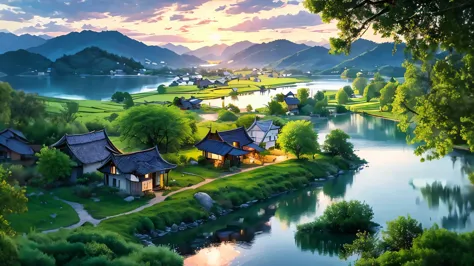 there is a small house on a small island in the middle of the lake, 조명이 beautiful scenery, peaceful scenery, serene landscape, b...