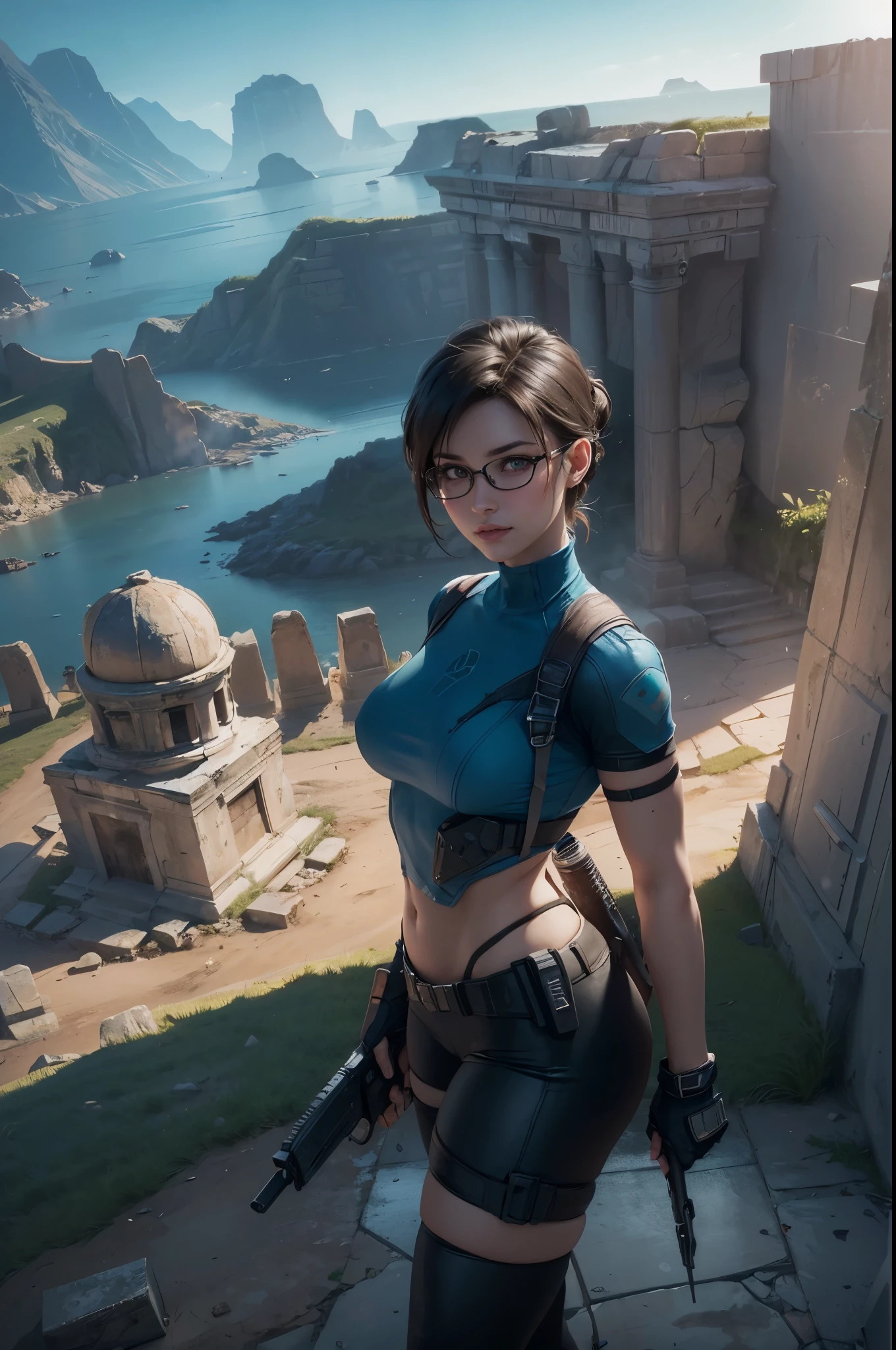 (((Ultra wide angle landscape of the ancient tomb))), a beautiful female adventurer stood in the distance, ((wearing a jill valentine outfit)), ((wear glasses))