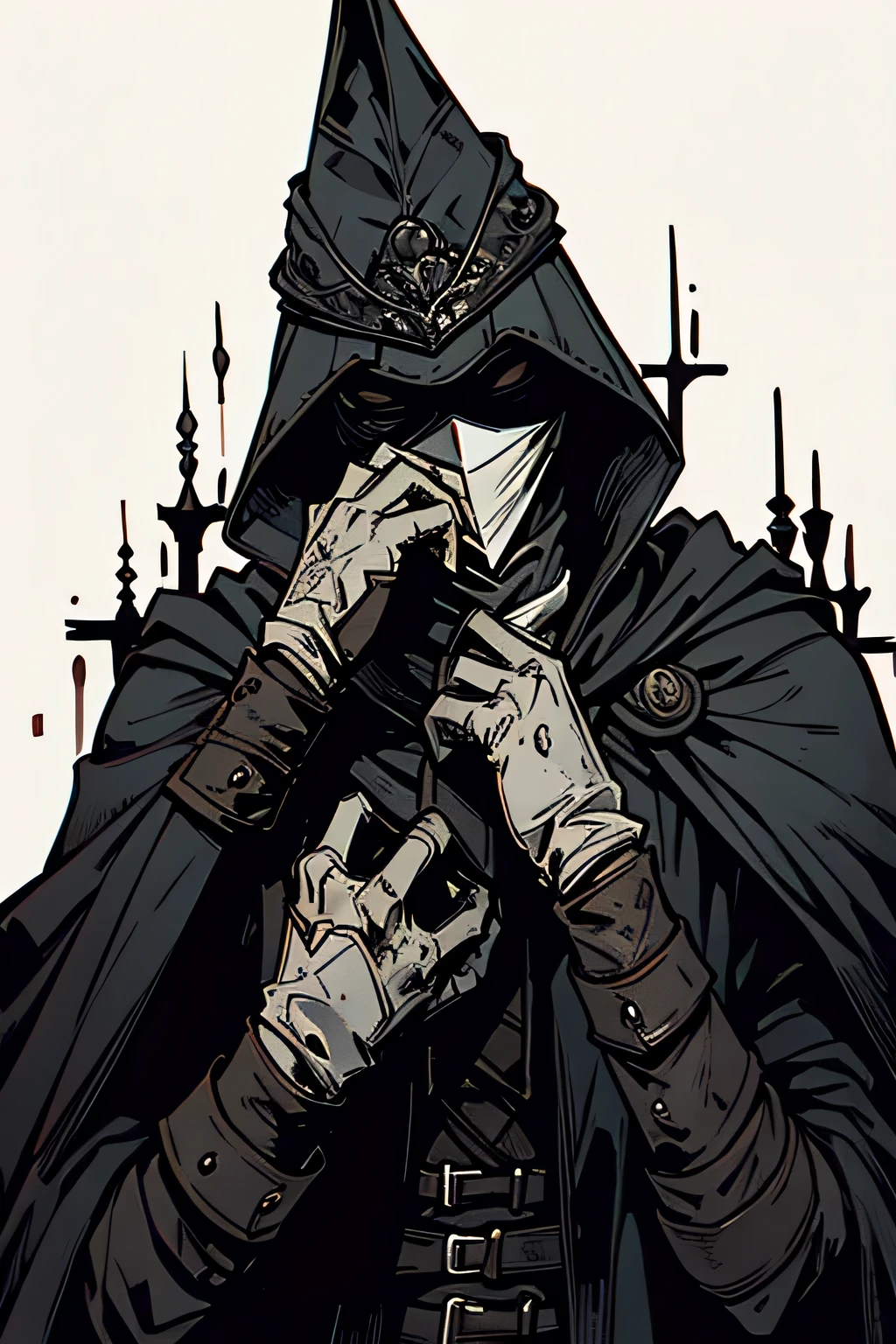 black and white bloodborne character alone masked covered in blood