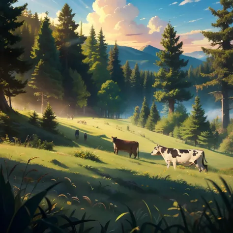 cow,
break (masterpiece, best quality:1.2), outdoors, nature, forest, pines, grass, tall grass, detailed grass, plants, day, clo...