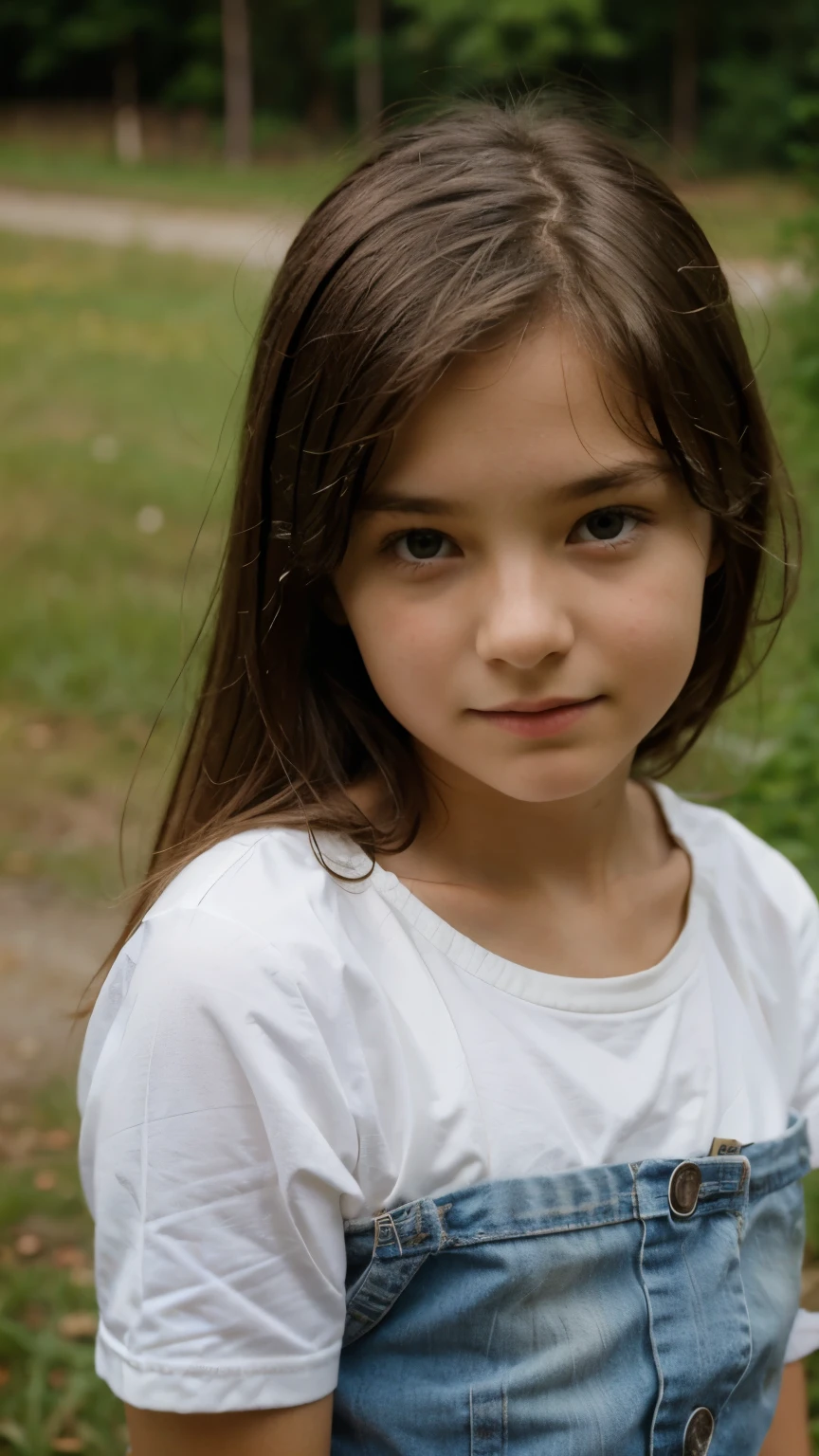 Arafed young girl in a white shirt and blue overalls posing for a ...