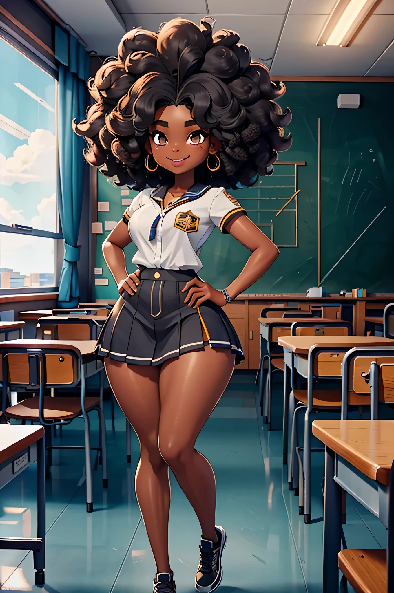 HD, dark skinned, young girl, age 8, humanoid, honey, black afro hair, (((afro hair))), Jackie Parris, ((((Jackie Parris)))), full body cgsociety, 3 d character art, full character body, detailed full body concept, stylized character, erotica, ((young girl, 1girl, age 8)), ((complex detailed background, inside, school, classroom, bright lighting)), chubby, small, short, action pose, smiling, wearing school uniform