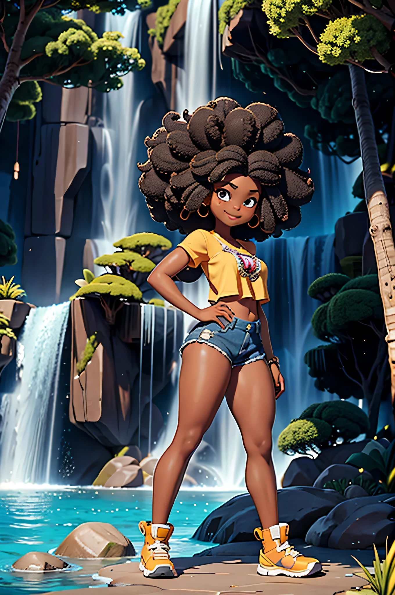 HD, peau foncée, jeune fille, 8 ans, humanoïde, Miel, black cheveux afro, (((cheveux afro))), Jackie Parris, ((((Jackie Parris)))), corps entier cgsociety, art de personnage en 3D, corps complet du personnage, concept détaillé du corps entier, personnage stylisé, érotique, ((jeune fille, 1fille, 8 ans)), ((fond détaillé complexe, dehors, cascade, éclairage lumineux)), joufflu, petit, court, pose d&#39;action, souriant, porter un costume de pirate, debout sur un rocher