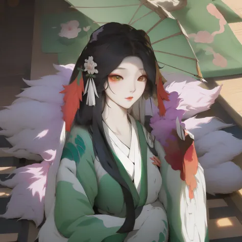 Wear a green kimono、Anime girl with green umbrella and white flowers, palace ， a girl in Hanfu, Inspired by Ma Yuanyu, Hanfu, Hu...