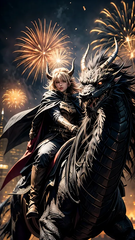 ((best quality, 8k, masterpiece: 1.3)), a hero of magic world, blue eyes,very detail face,riding a black dragon with two horns,i...