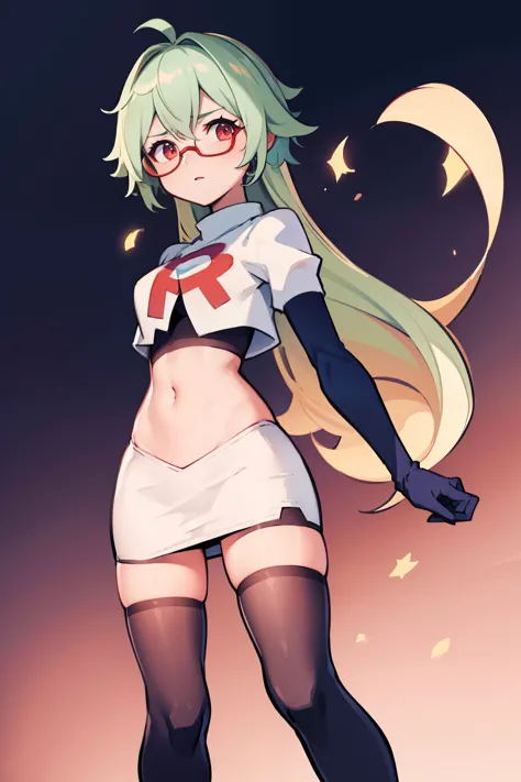 sucrose \(genshin impact\), glasses,team rocket,team rocket uniform, red letter R, white skirt,white crop top,black thigh-highs,...