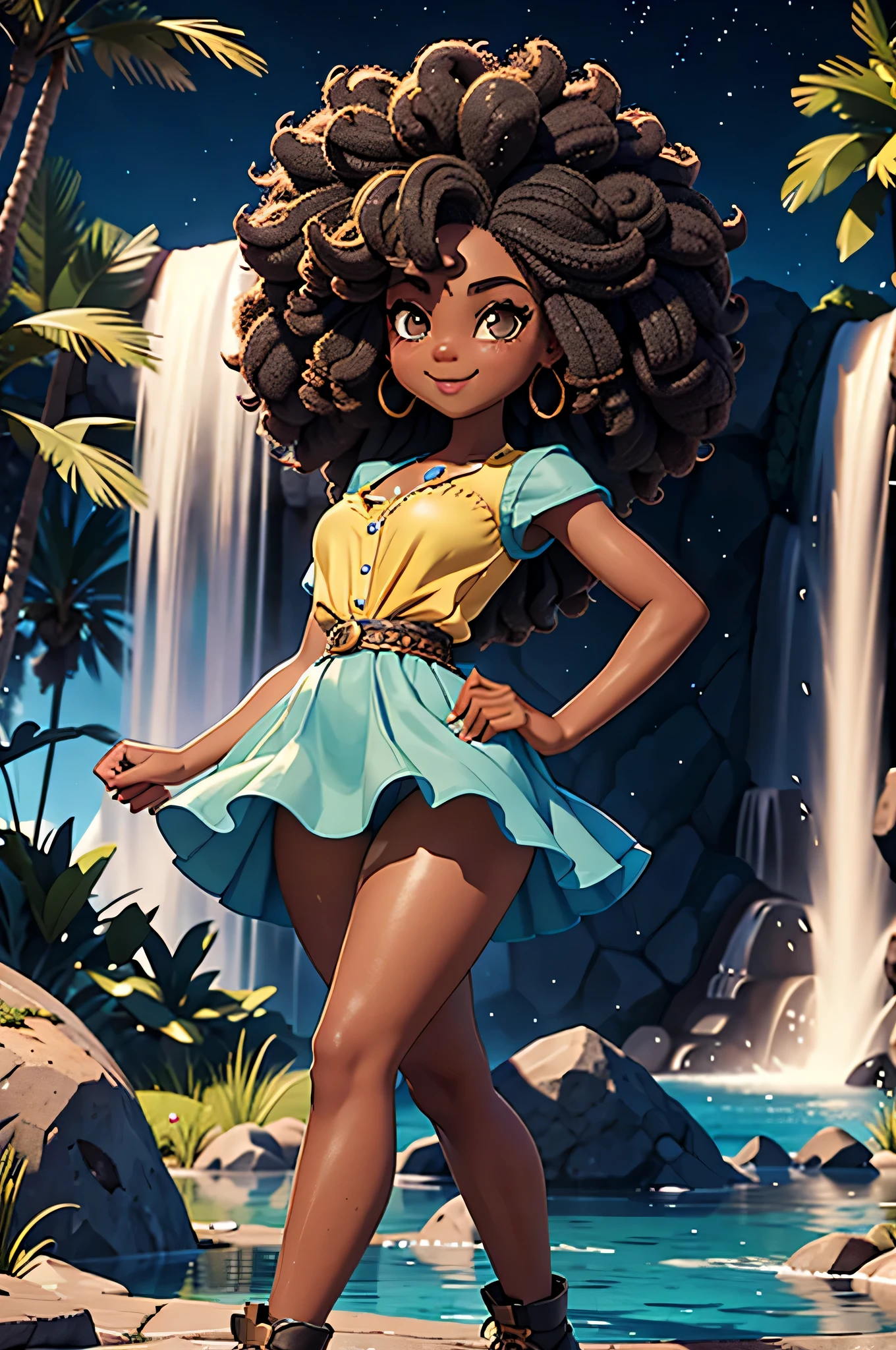 HD, peau foncée, jeune fille, 8 ans, humanoïde, Miel, black cheveux afro, (((cheveux afro))), Jackie Parris, ((((Jackie Parris)))), corps entier cgsociety, art de personnage en 3D, corps complet du personnage, concept détaillé du corps entier, personnage stylisé, érotique, ((jeune fille, 1fille, 8 ans)), ((fond détaillé complexe, dehors, cascade, éclairage lumineux)), joufflu, petit, court, pose d&#39;action, souriant, portant le costume de la Fée Clochette, debout sur un rocher