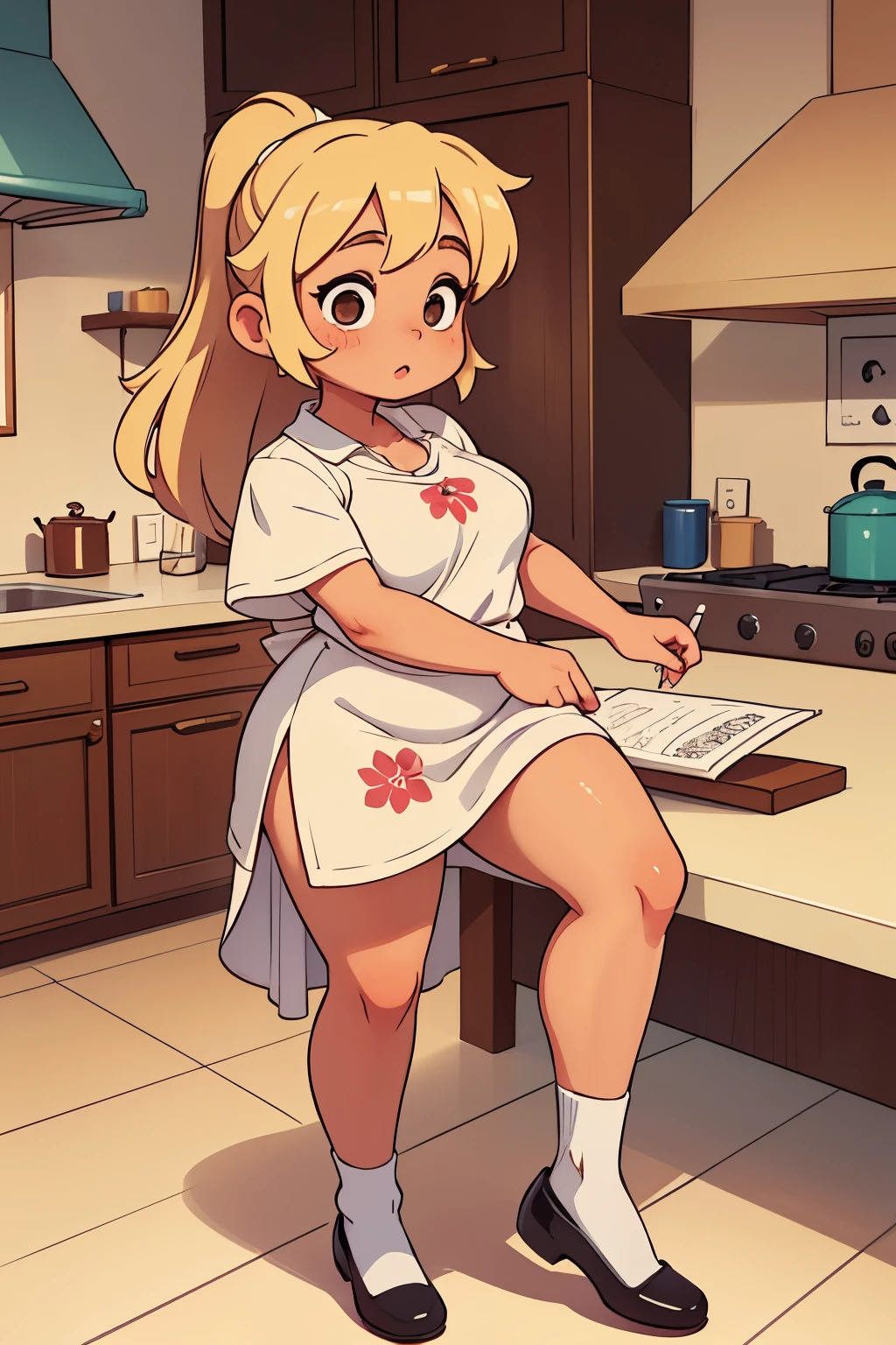 Drawing of a pudgy teen of late adolescence with rosy cheeks; brown eyes; muscular, toned, athletic, veiny, very thick, fat, Rubenesque chubby legs and feet; creamy blonde hairs. Her fat legs have varicose veins. She is in a white dress with a prominent bow on her waist; she is wearing black dress shoes. She is standing in a kitchen on her phone. Her floral panties are showing.