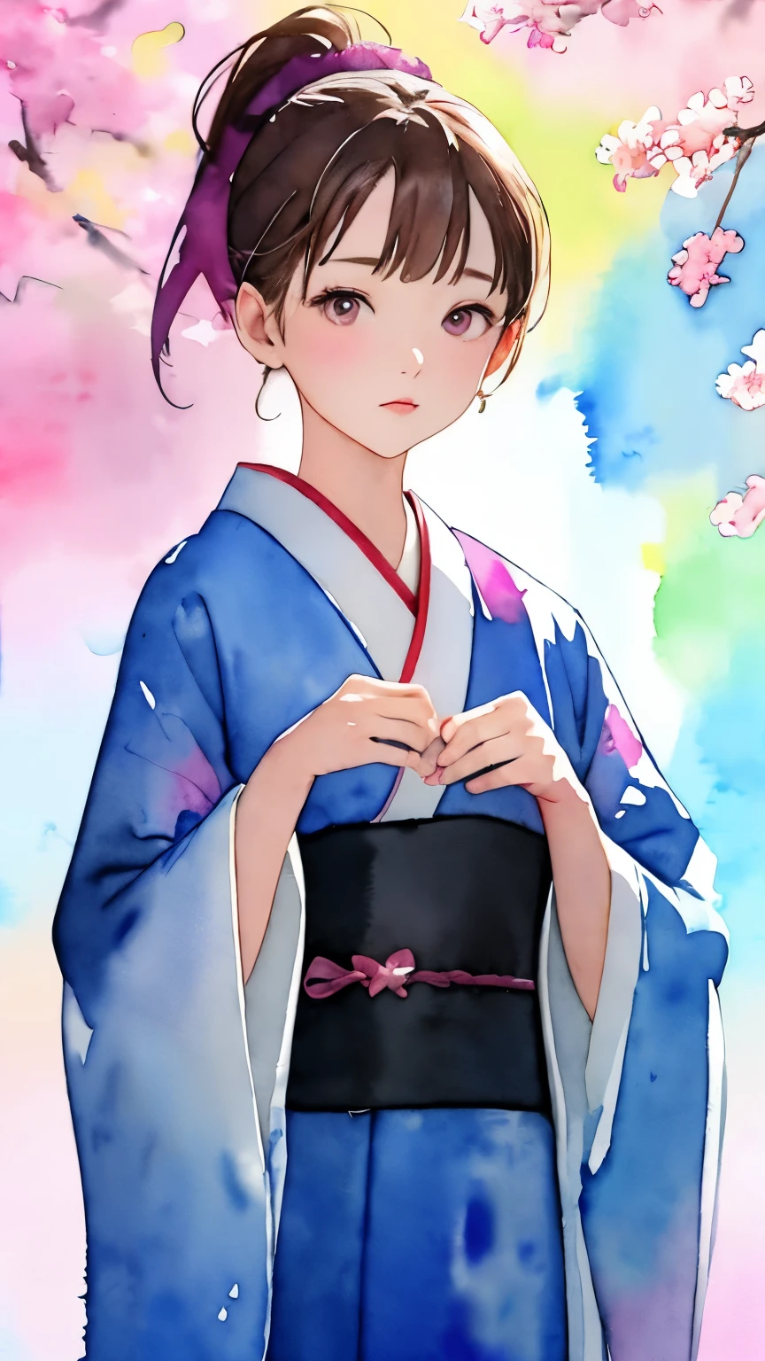 (((Bright colored watercolor style background:1.3)))、one girl、１６talent、anatomy、small face、small、small鼻、Pale pink eyes、Loosely braided low ponytail、brown hair、small breasts、Beautiful kimono、yamato nadeshiko、random pose、Yoshino cherry tree、beautiful cherry blossoms、highest quality、High resolution、High resolution、cinematic lighting、professional photographer