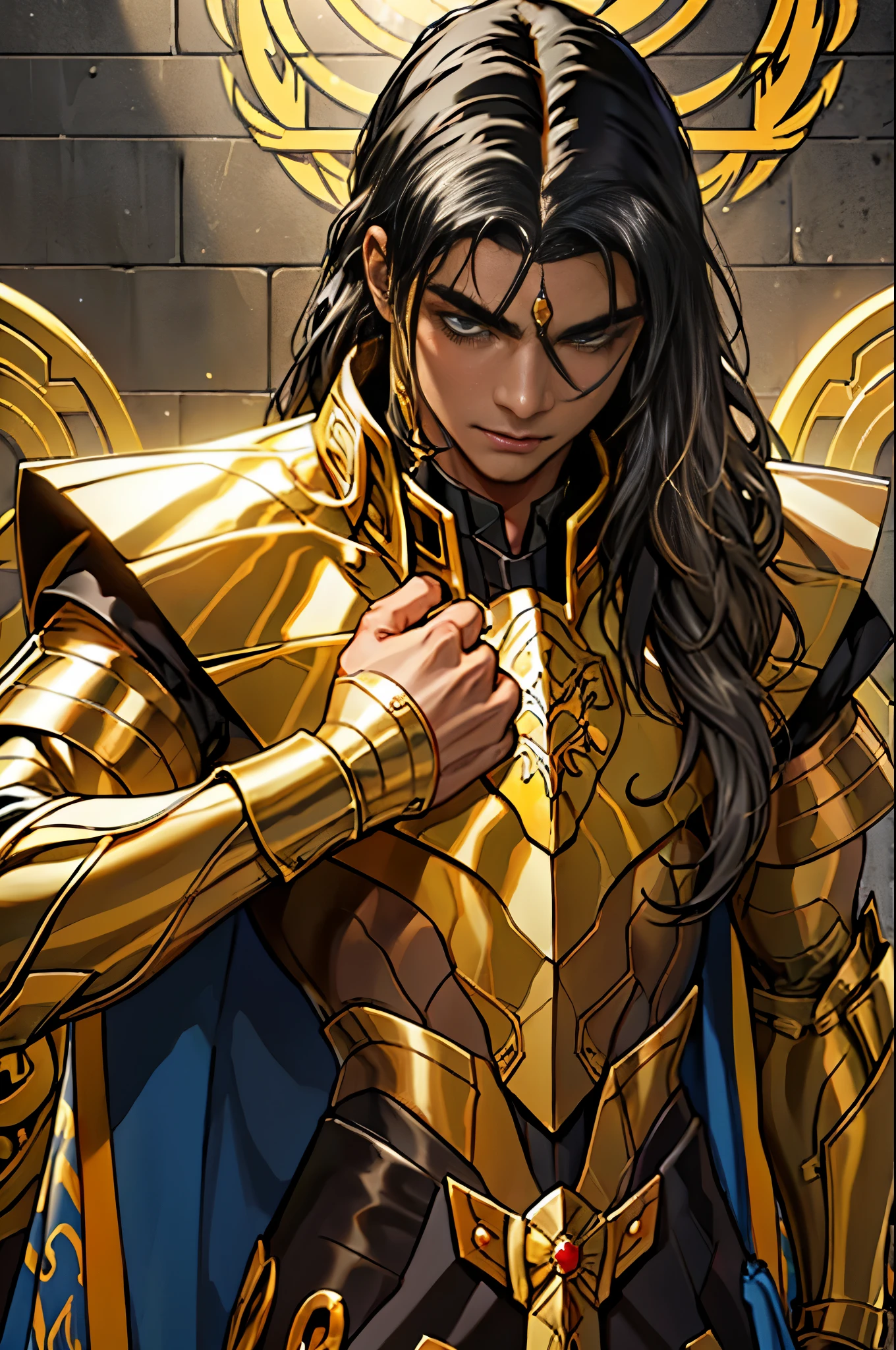 Homem, masculino, Golden Armor, (((((cabelo preto))))), golden cloth, corpo inteiro, majestoso, imagem detalhada, luz perfeita, Ultra definition image, uhd, imagem uhd, black hair, man with black hair