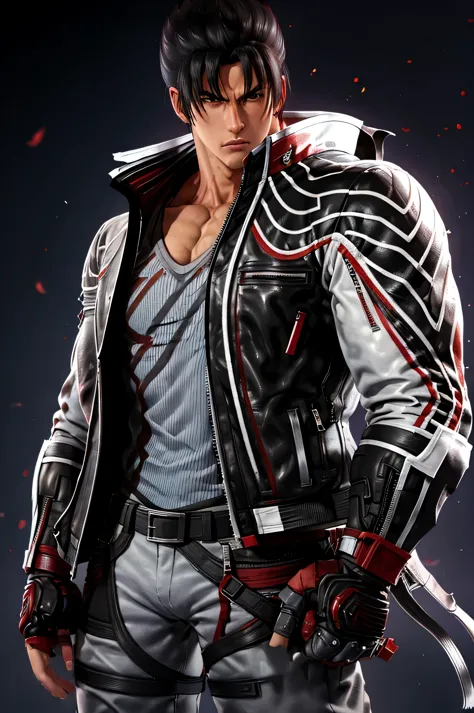 male focus, jin kazama, jacket, zipper, fighting stance, pants, fingerless gloves, shirt, boots, upper body masterpiece, best qu...