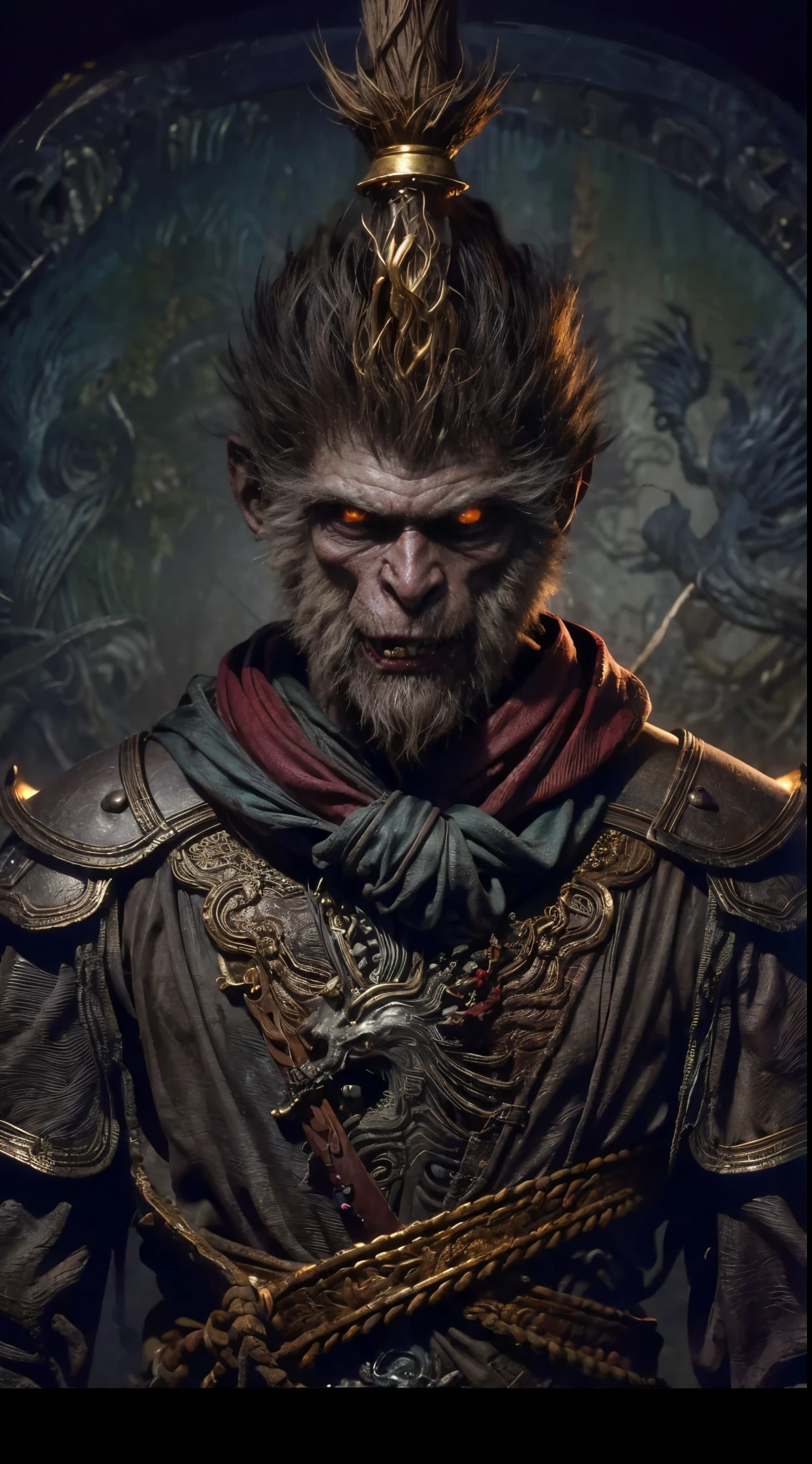 （irascible, irate，Qi Tian Great Sage，Monkey king，A high resolution, super-fine）, （Sharp-billed monkey gills）, Tour of the Dark West，pan（((Red glowing eyes))）looks into camera, evil look, Clear facial features, （Golden Hoop Curse）,On his shoulder hangs a long golden stick。, to grin, Monkey teeth exposed, Dressed in gorgeous armor, The red scarf sways in the wind，Monkey King's face, Shoulder armor youkai skeleton decoration, 火焰, Sit on Yokai Head Mountain, Kingly temperament, Full body photo, cinematic rim light, The light is delicate, tmasterpiece, ultra - detailed, Epic composition, Super HD, high qulity, HighestQuali, 32K, grin, poison fangs

