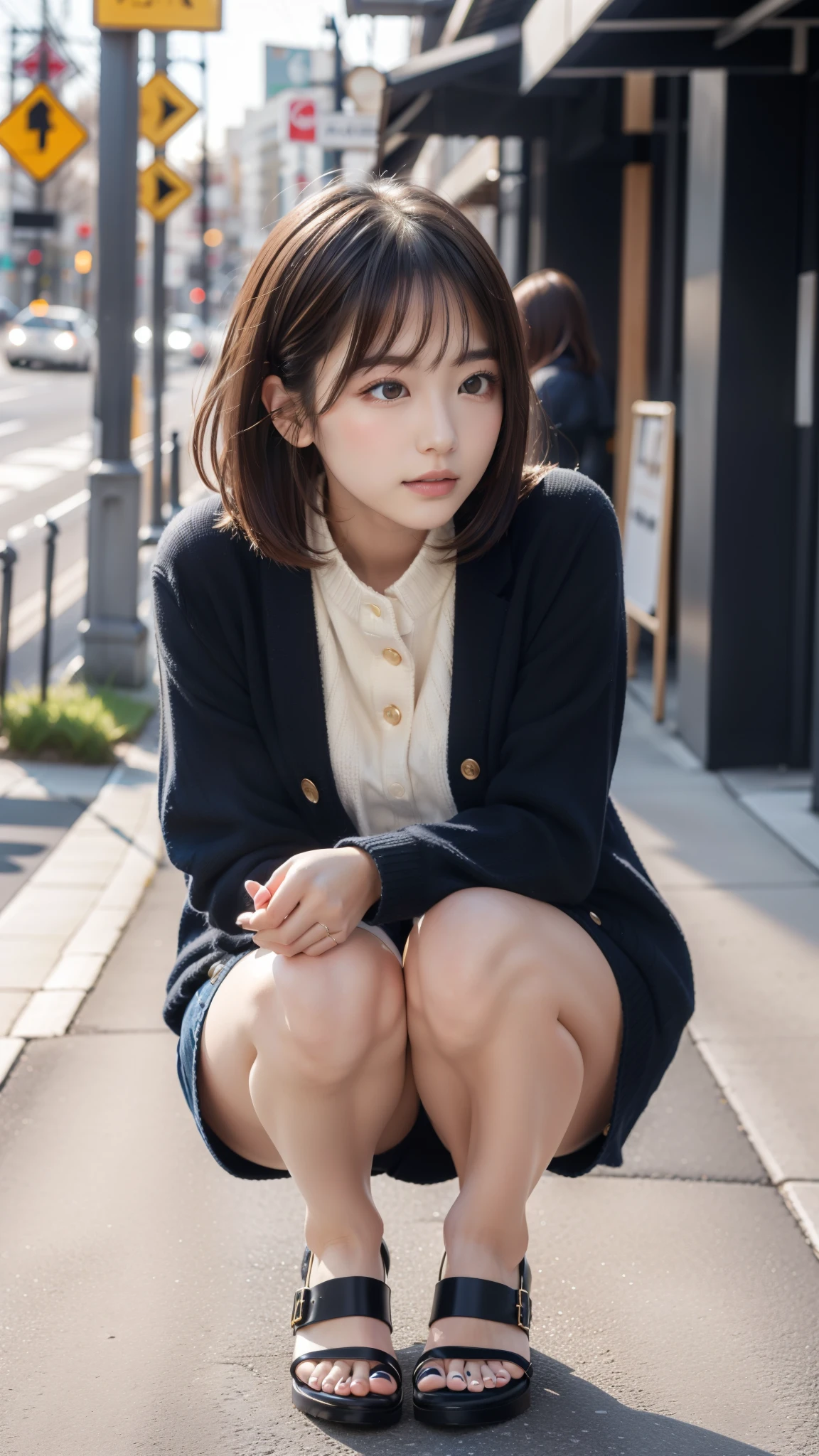 Photo taken by a professional photographer，Close-up of a woman squatting on the sidewalk with her legs crossed, kiko mizuhara, wearing a sweater, Shirahime cut brown hair, wearing a sweater, young and cute girl, japanese model, 白いwearing a sweater, Chiho, ランダムカラーのカジュアルなwearing a sweater,Cute short hair wave, a cute young woman, cute young woman, black pantyhose，black tights，black high heels，