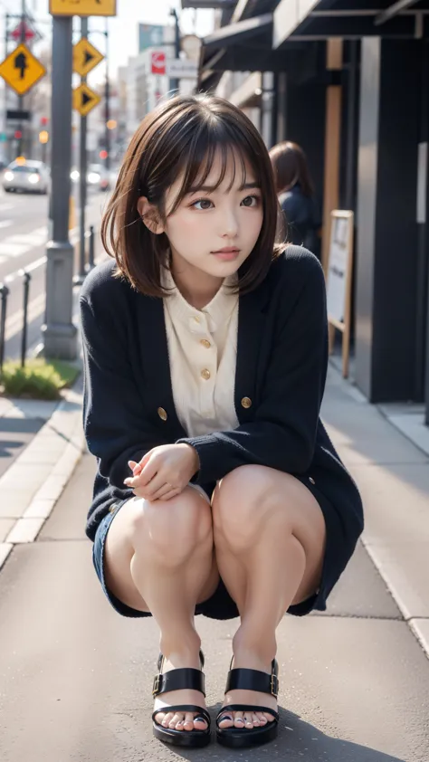 photo taken by a professional photographer，close-up of a woman squatting on the sidewalk with her legs crossed, kiko mizuhara, w...