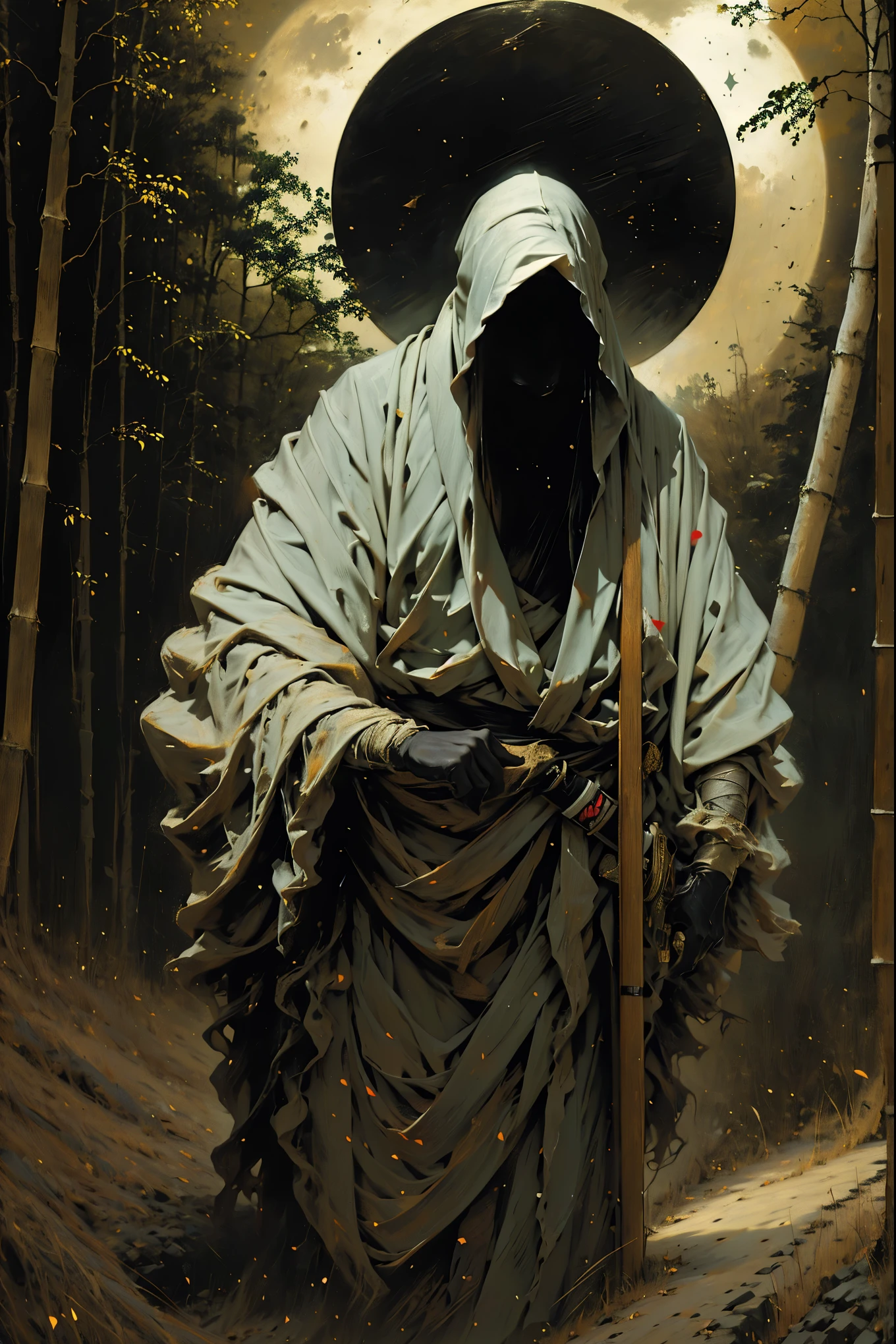 (best quality, 4k, highres, masterpiece:1.2), ultra-detailed, (realistic, photorealistic, photo-realistic:1.37), a man dressed as a samurai stands in the rain, wearing a bamboo hat (kasa) on his head. He is surrounded by a dense forest, alive with the sounds of nature. It's a moonlit night, and the darkness adds to the mysterious ambiance. The man is wearing a black kimono with neon red stripes that glow in the darkness, making him stand out in the scene. His sword (katana) is unsheathed, ready for action in the face of imminent disasters.