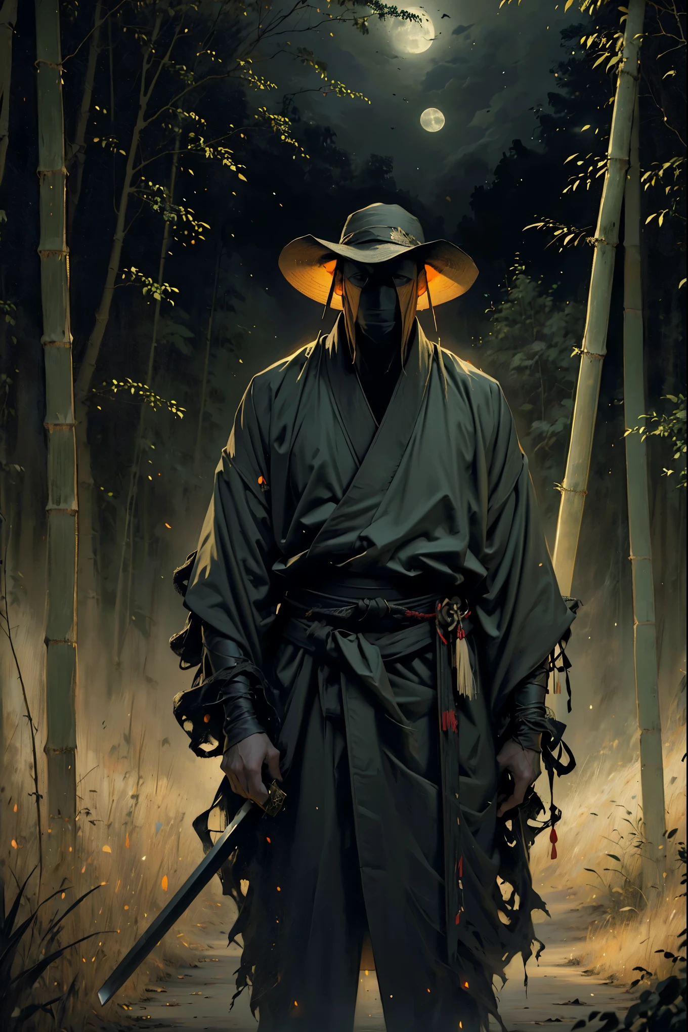 (best quality, 4k, highres, masterpiece:1.2), ultra-detailed, (realistic, photorealistic, photo-realistic:1.37), a man dressed as a samurai stands in the rain, wearing a bamboo hat (kasa) on his head. He is surrounded by a dense forest, alive with the sounds of nature. It's a moonlit night, and the darkness adds to the mysterious ambiance. The man is wearing a black kimono with neon red stripes that glow in the darkness, making him stand out in the scene. His sword (katana) is unsheathed, ready for action in the face of imminent disasters.